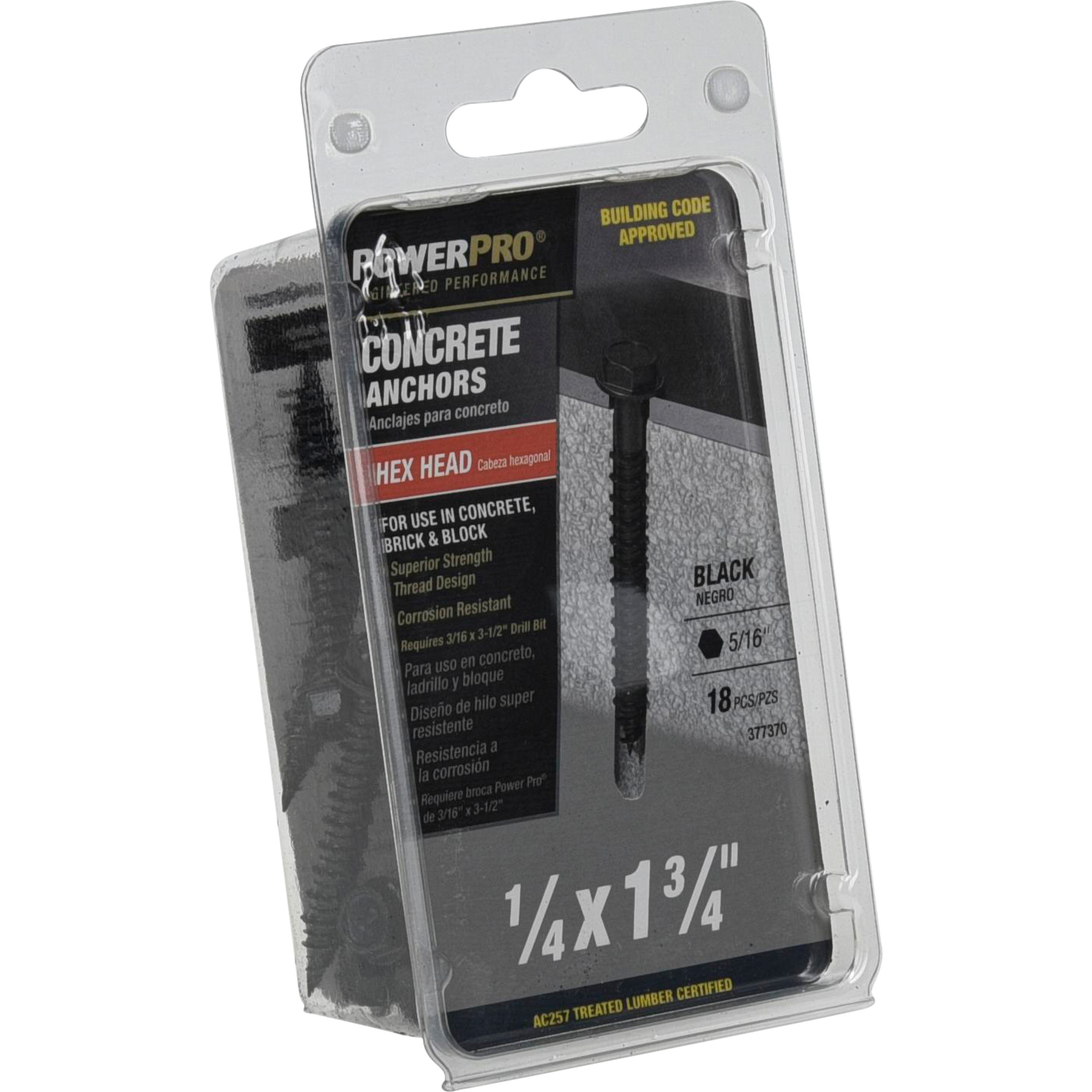 Power Pro Black Hex Washer-Head Concrete Screw Anchor (1/4 in. x 1-3/4 in.) - 18 pc