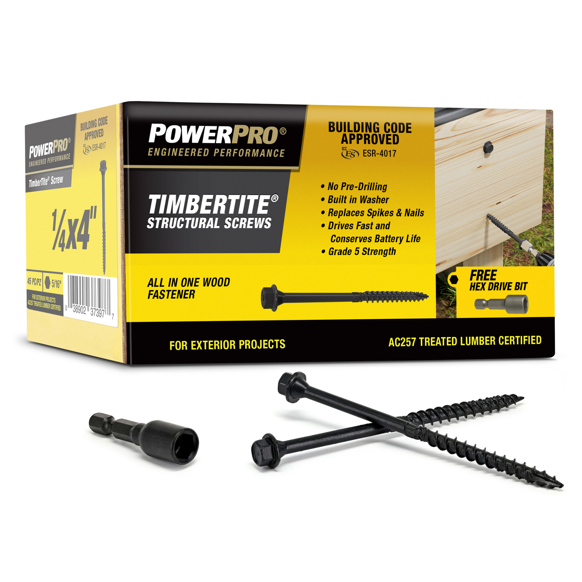 Power Pro TimberTite Structural Screws (1/4 in. x 4 in.) - 45 pc