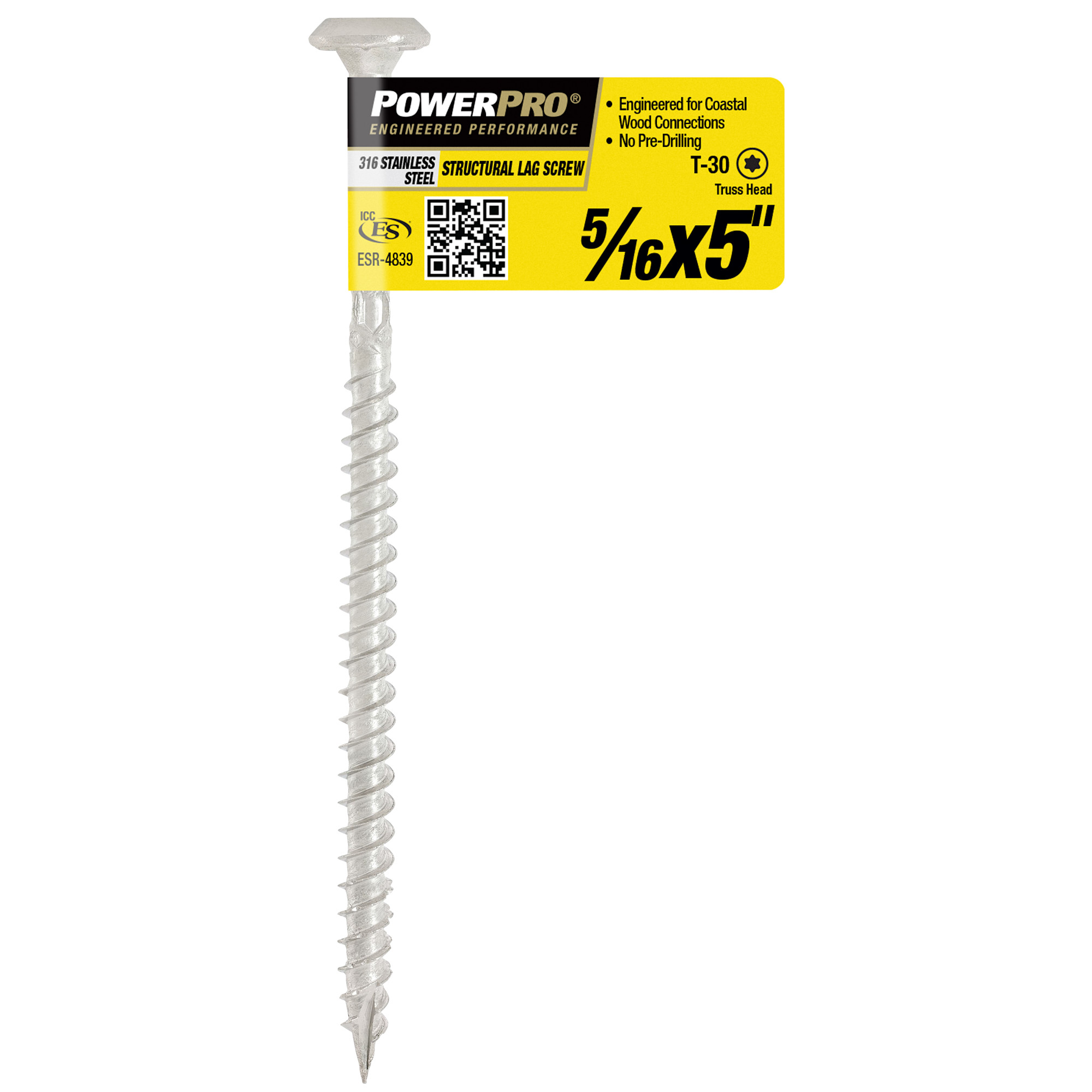 Power Pro 316SS Stainless Steel Structural Lag Screws (5/16 in. x 5 in.) - 1pc