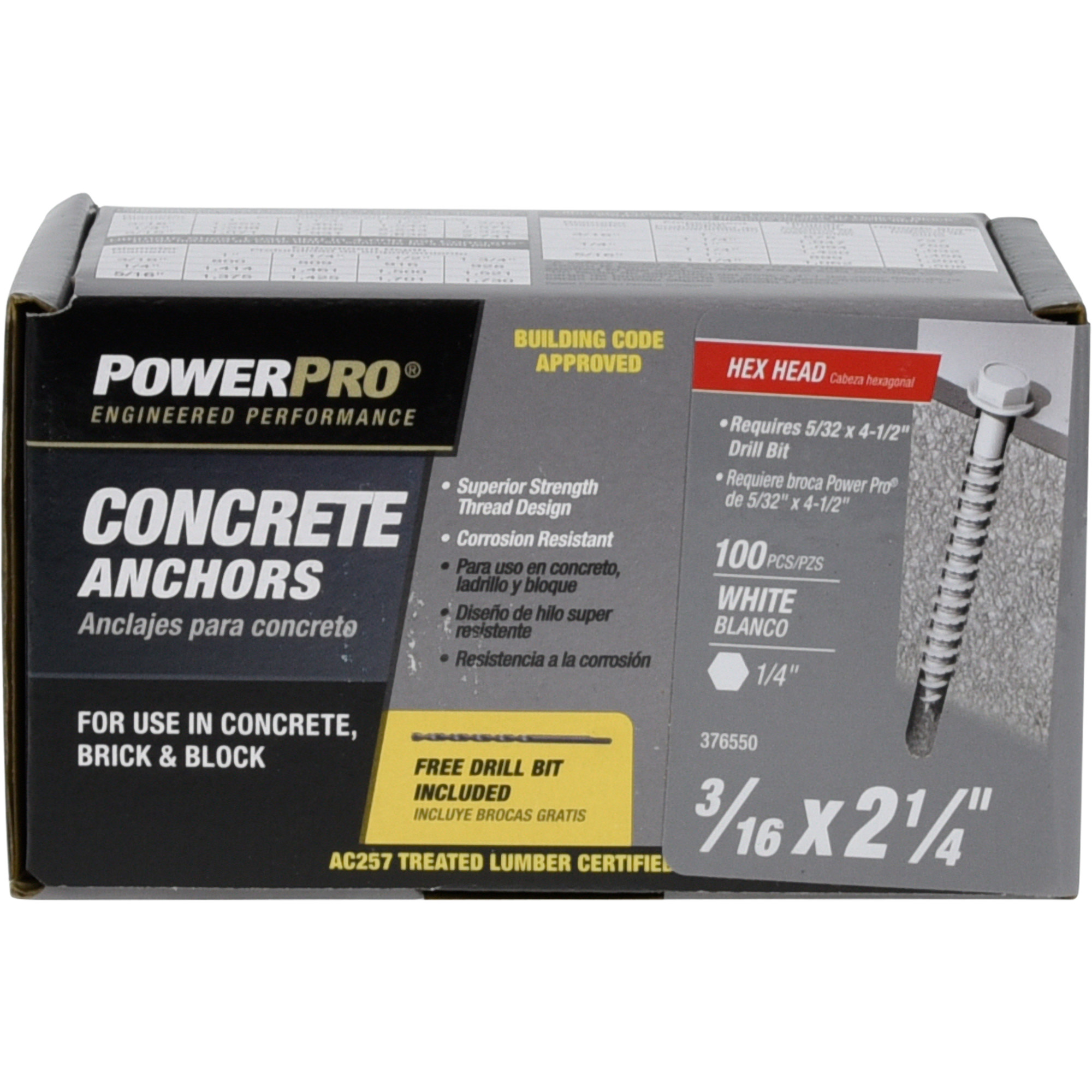 Power Pro White Hex Washer-Head Concrete Screw Anchor (3/16 in. x 2-1/4 in.) - 100 pc