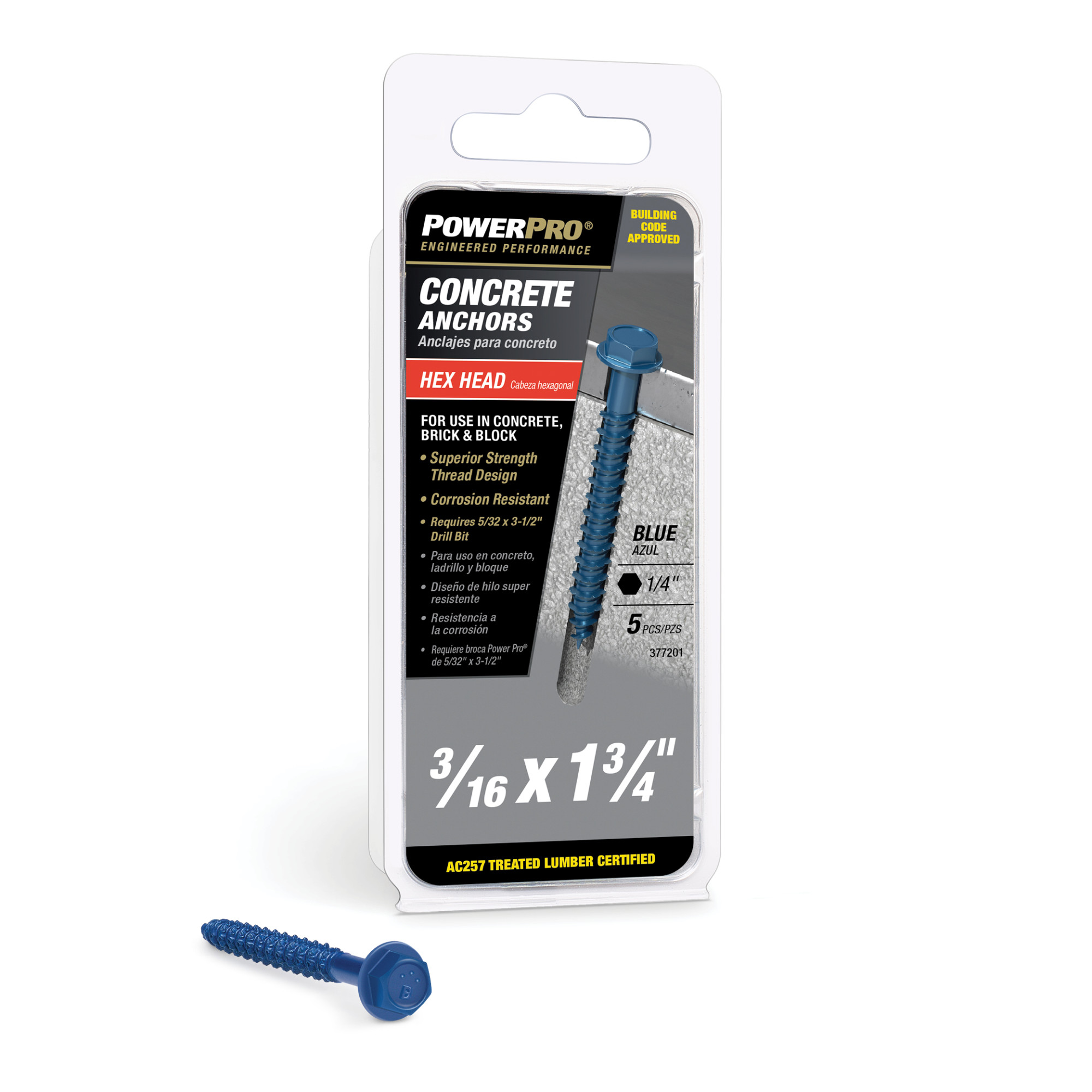 Power Pro Blue Hex Washer-Head Concrete Screw Anchor (3/16 in. x 1-3/4 in.) - 5 pc