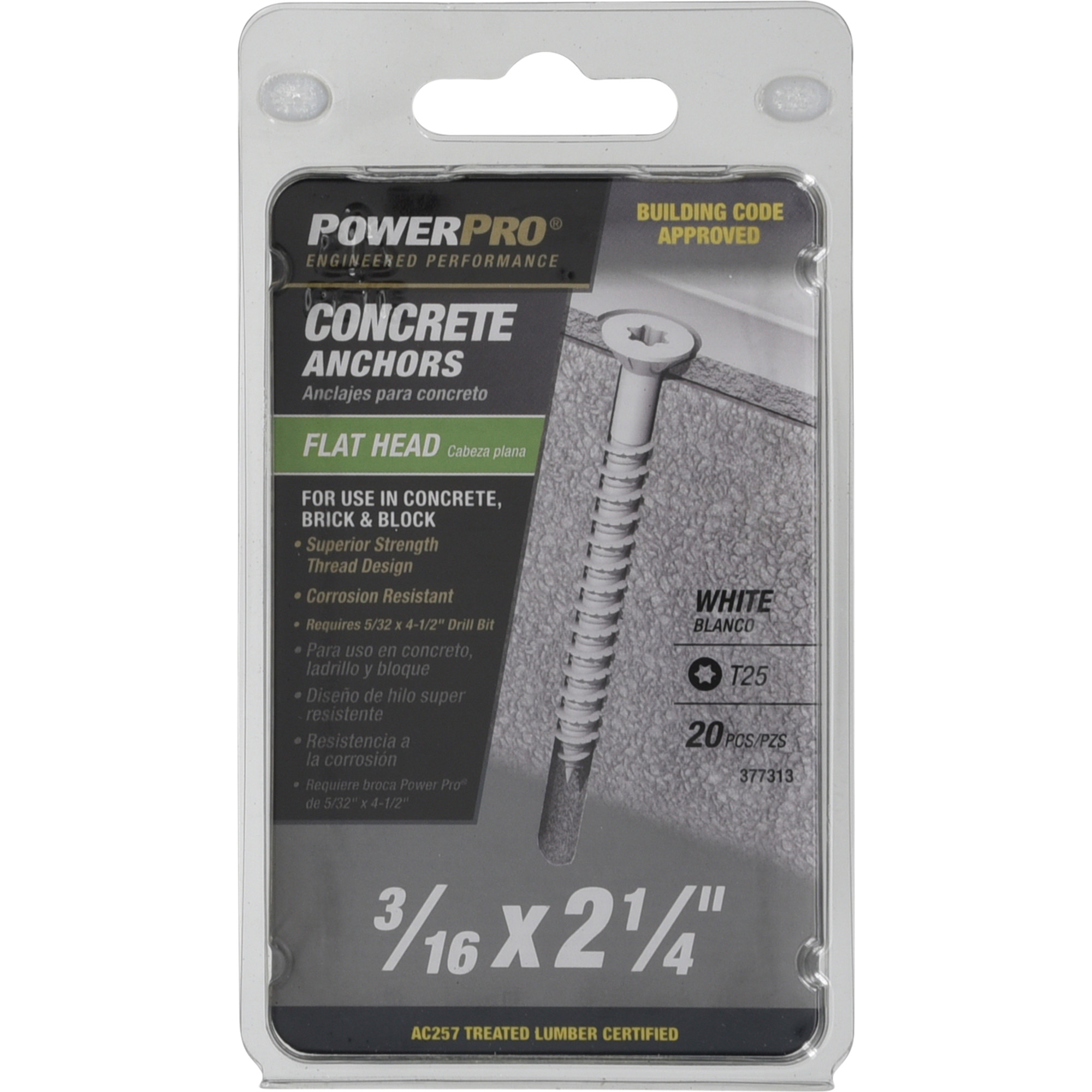 Power Pro White Flat-Head Concrete Screw Anchor (3/16 in. x 2-1/4 in.) - 20 pc