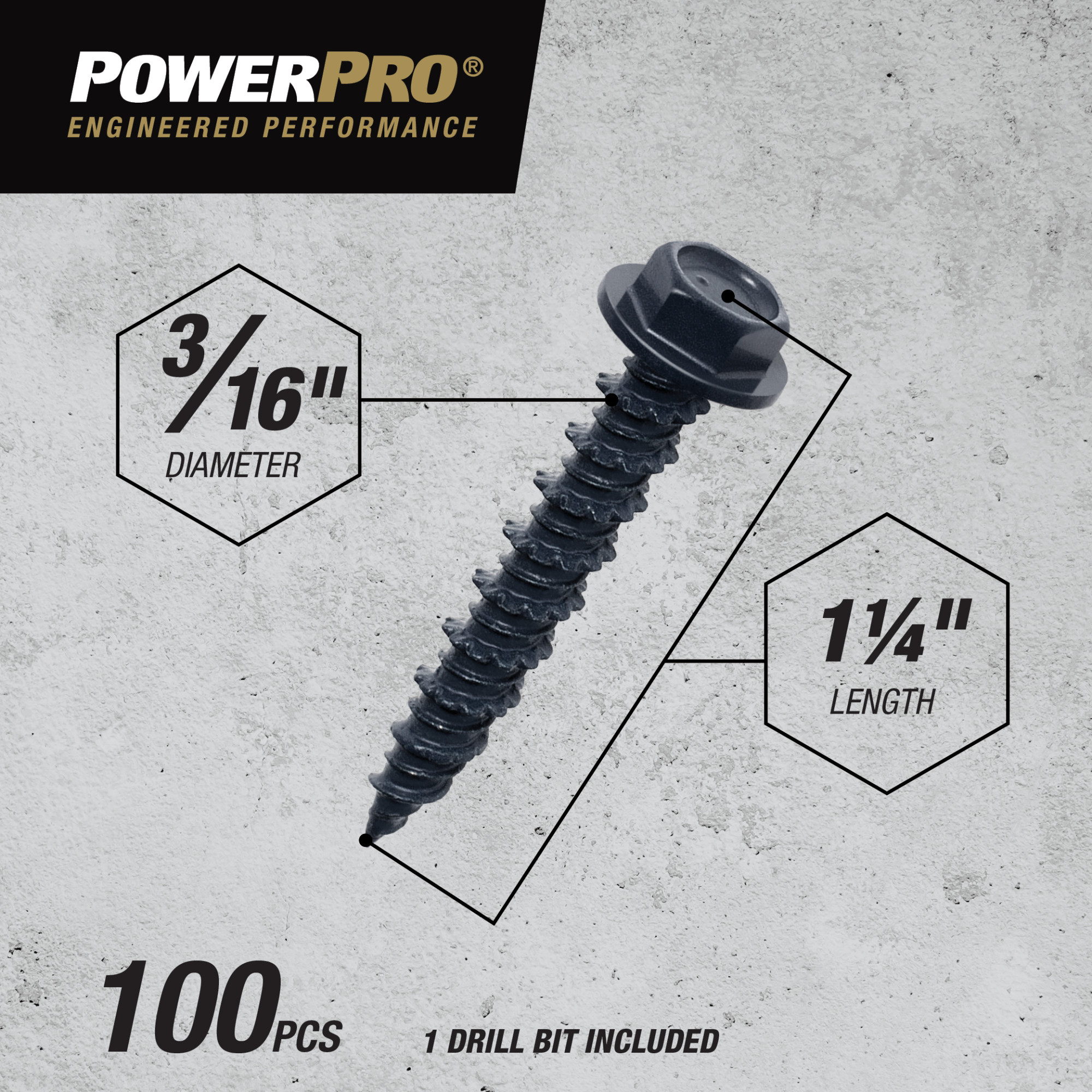 Power Pro Black Hex Washer-Head Concrete Screw Anchor (3/16 in. x 1-1/4 in.) - 100 pc