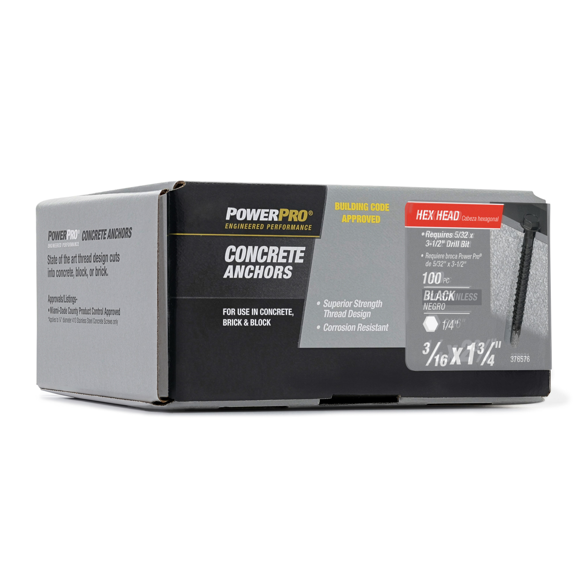 Power Pro Black Hex Washer-Head Concrete Screw Anchor (3/16 in. x 1-3/4 in.) - 100 pc