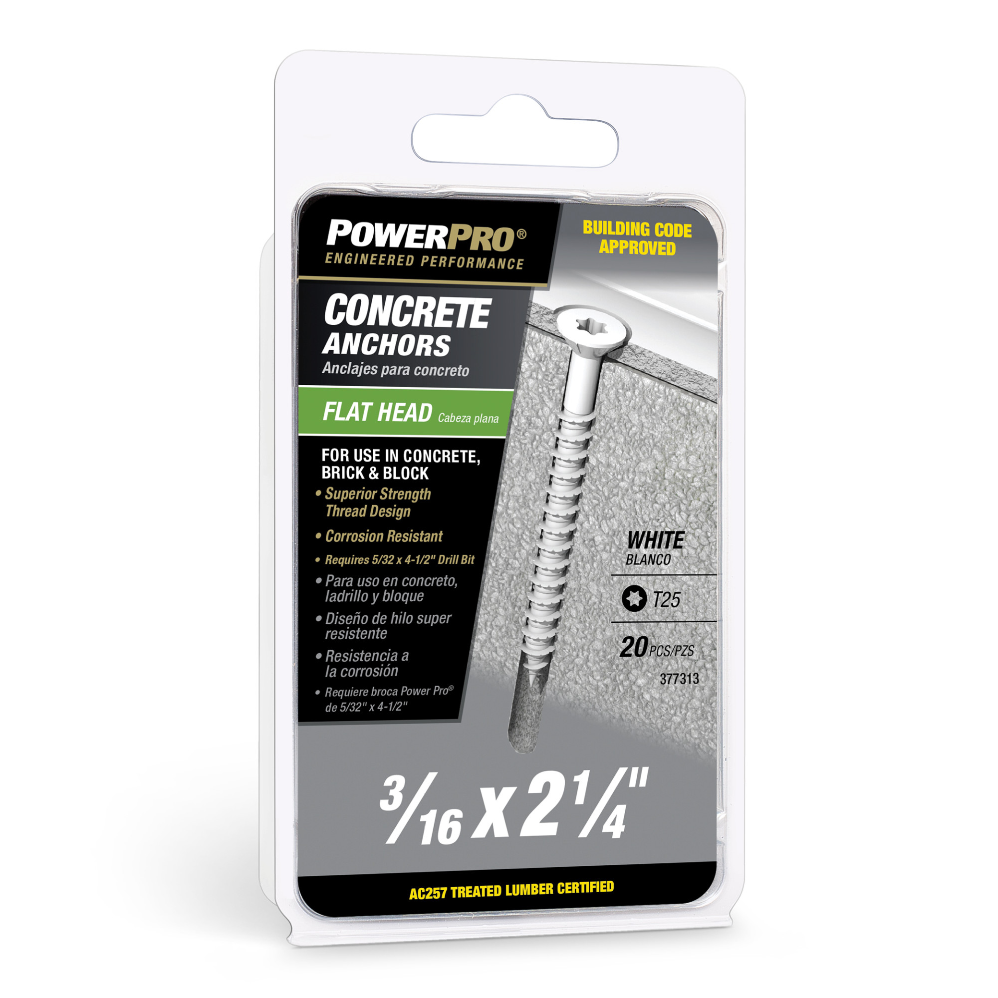 Power Pro White Flat-Head Concrete Screw Anchor (3/16 in. x 2-1/4 in.) - 20 pc