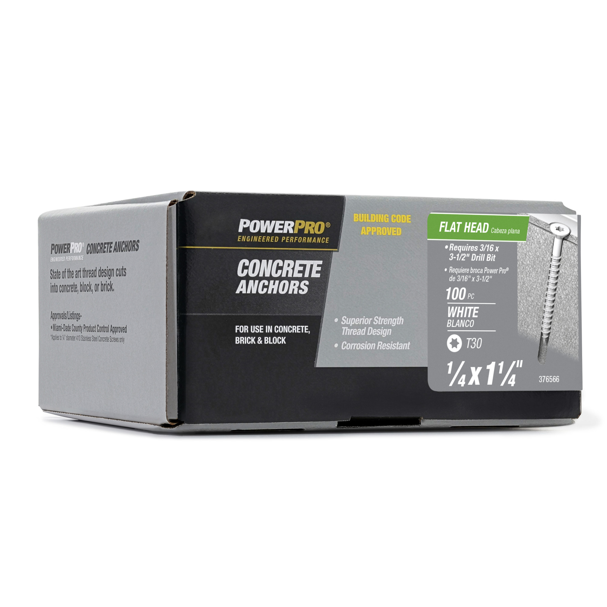 Power Pro White Flat-Head Concrete Screw Anchor (1/4 in. x 1-1/4 in.) - 100 pc