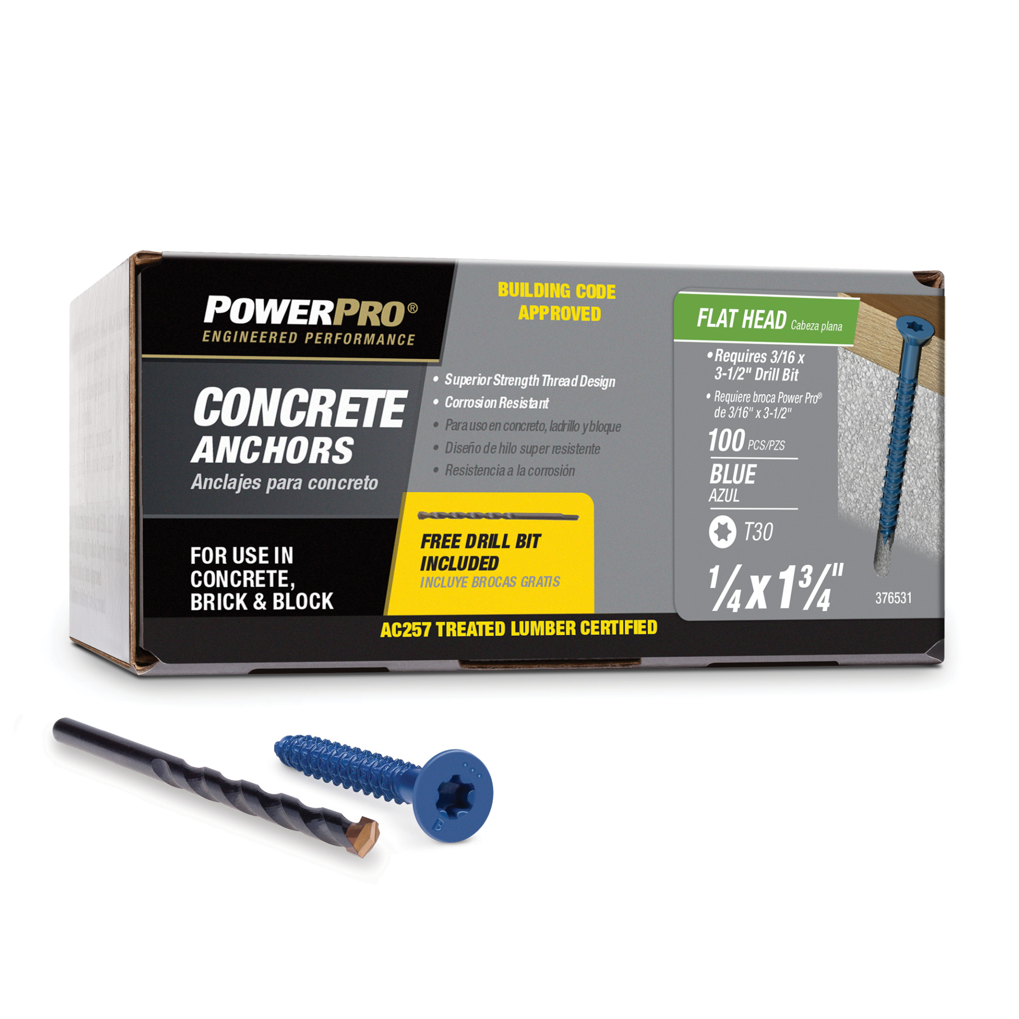 Power Pro Blue Flat-Head Concrete Screw Anchor (1/4 in. x 1-3/4 in.) - 100 pc