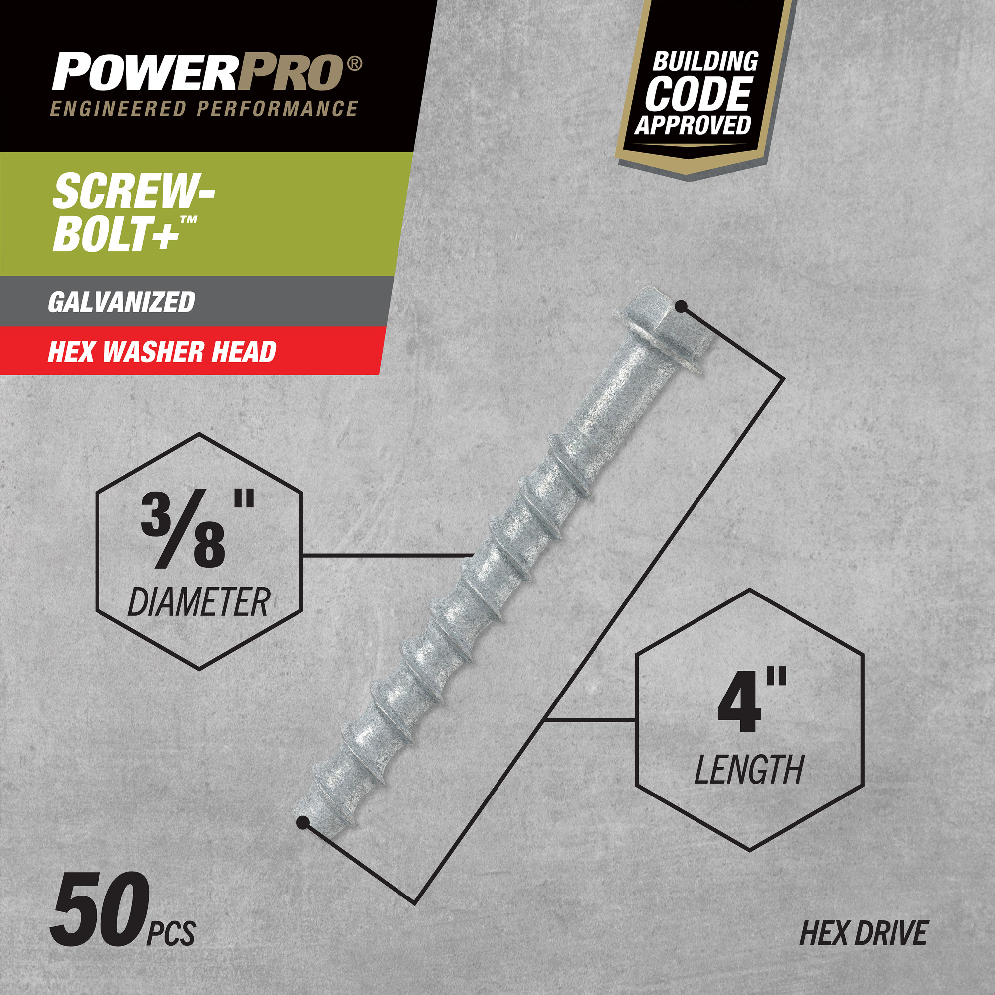Power Pro Galvanized Hex Washer Head Screw-Bolt+ Anchors (3/8 in. x 4 in.) - 50 pc