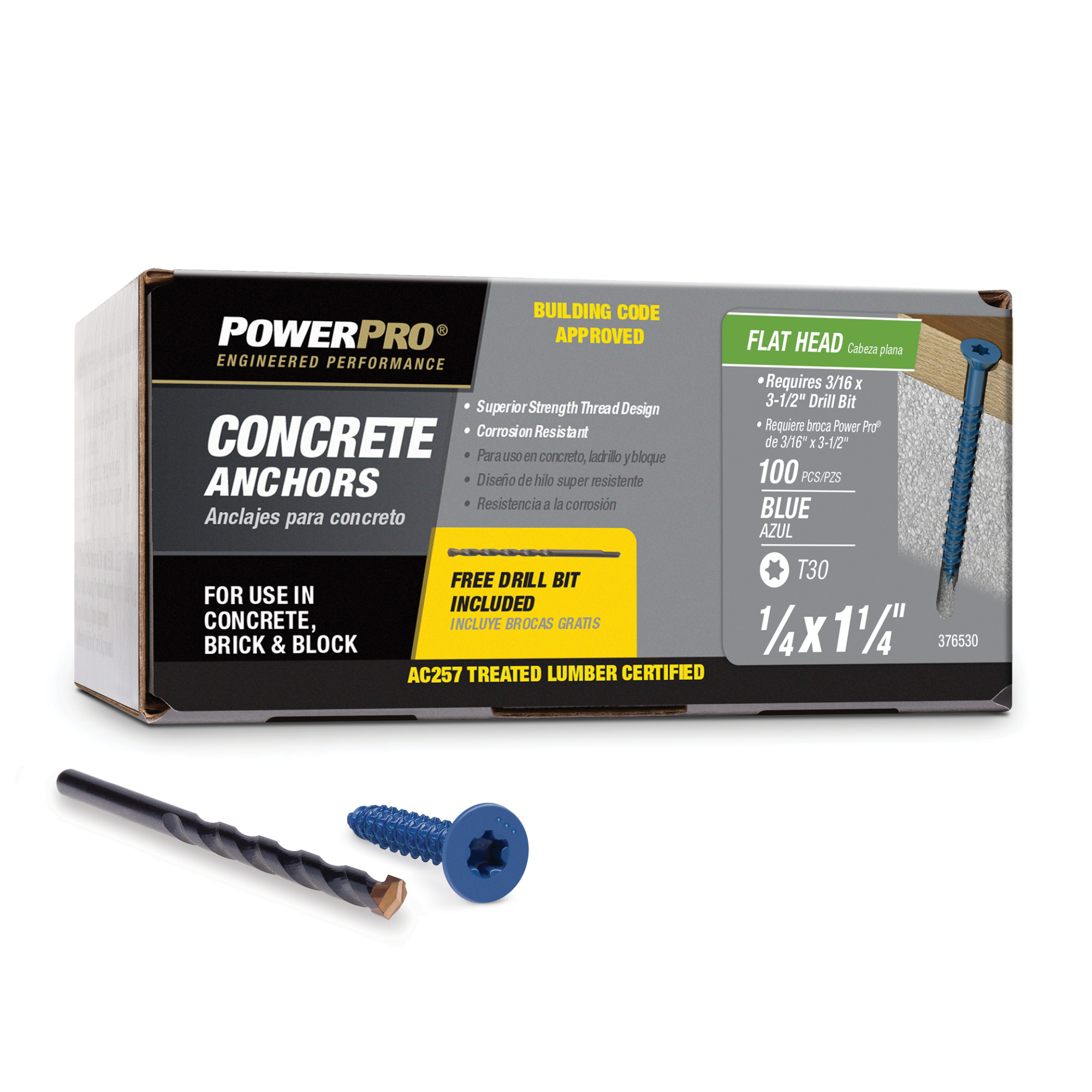 Power Pro Blue Flat-Head Concrete Screw Anchor (1/4 in. x 1-1/4 in.) - 100 pc