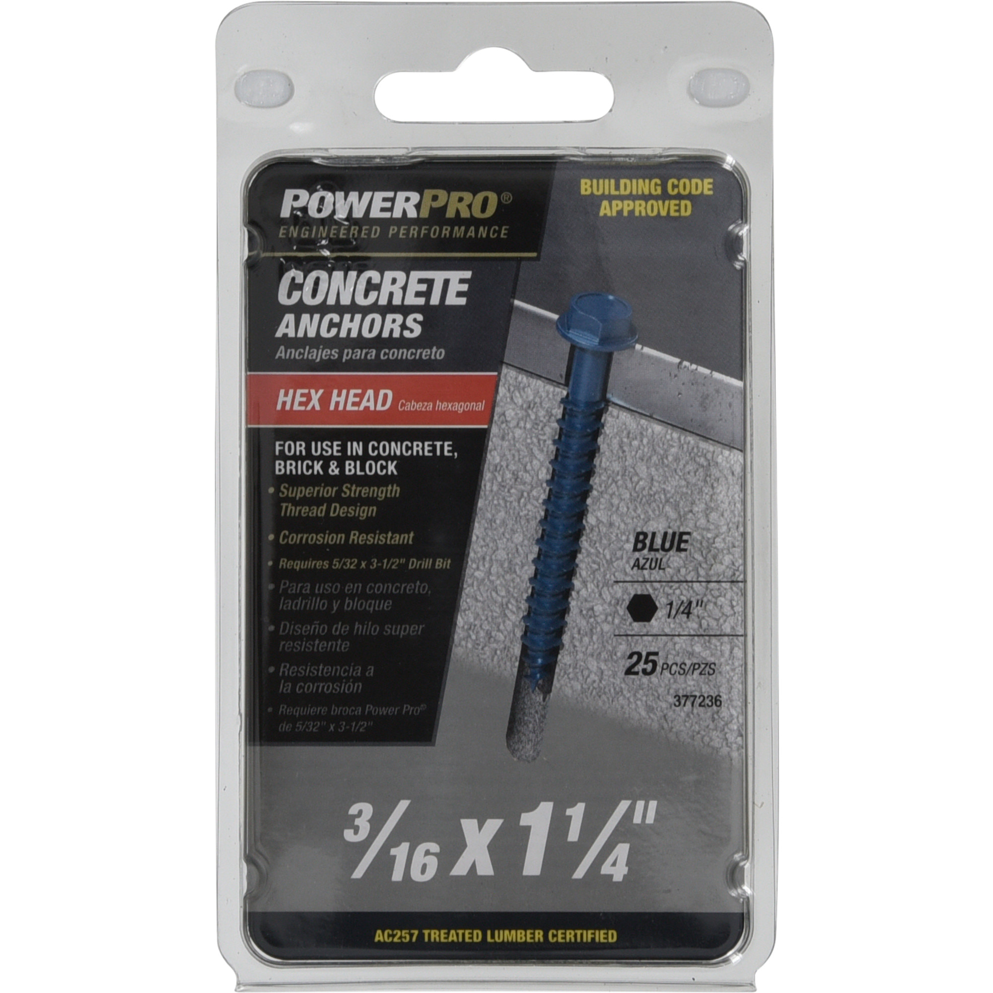 Power Pro Blue Hex Washer-Head Concrete Screw Anchor (3/16 in. x 1-1/4 in.) - 25 pc