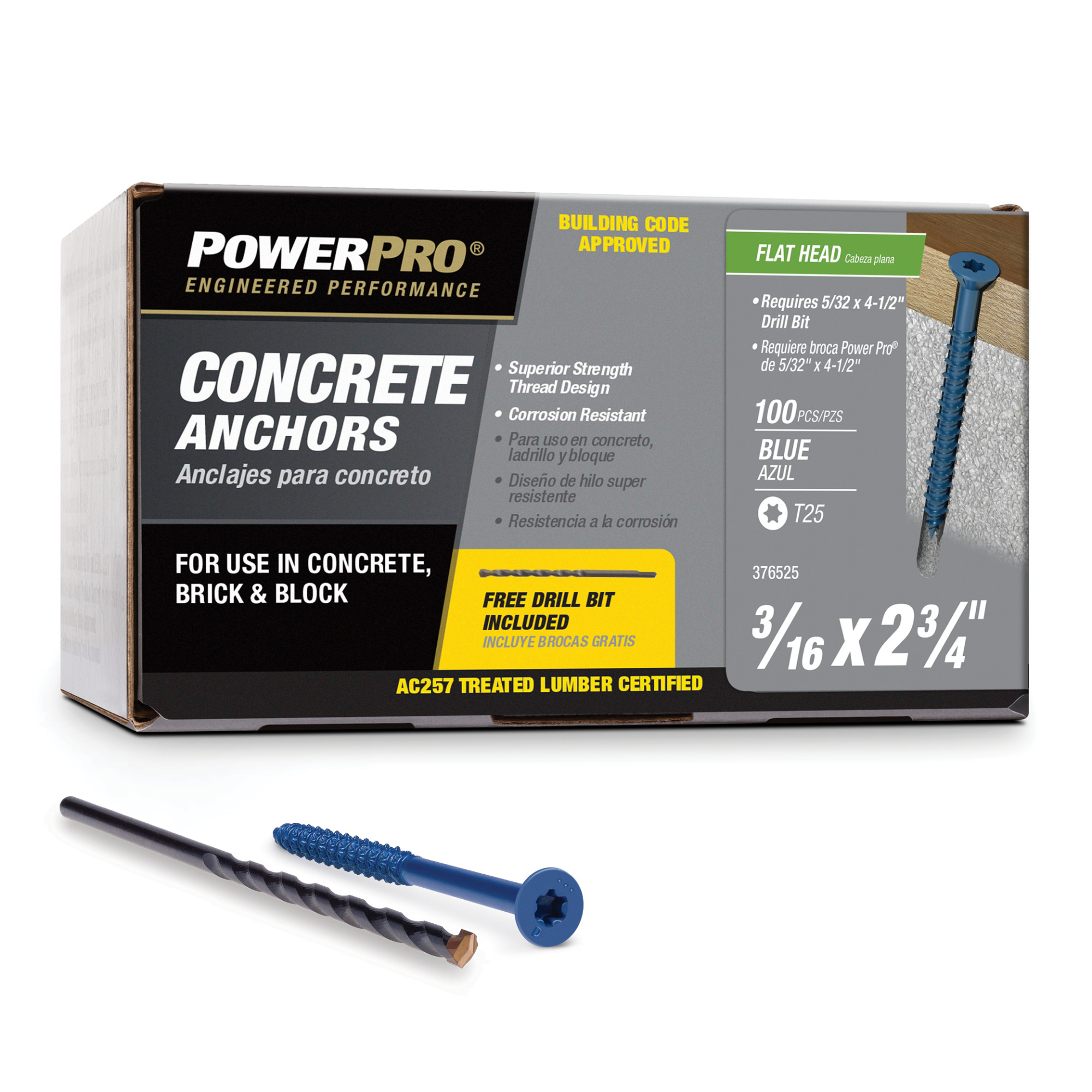 Power Pro Blue Flat-Head Concrete Screw Anchor (3/16 in. x 2-3/4 in.) - 100 pc