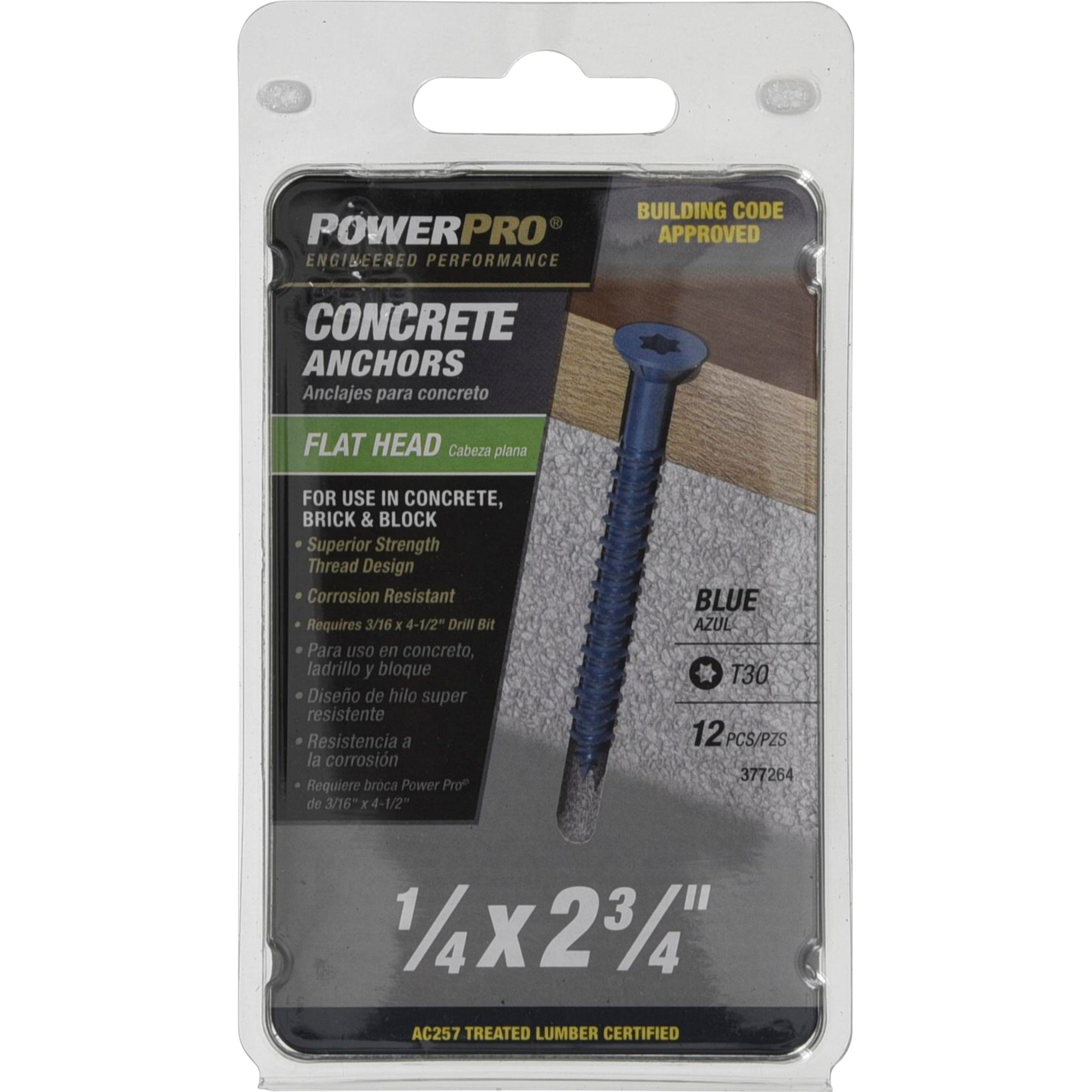 Power Pro Blue Flat-Head Concrete Screw Anchor (1/4 in. x 2-3/4 in.) - 12 pc