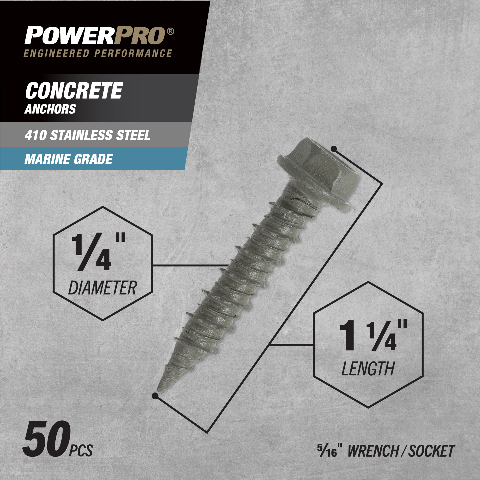 Power Pro 410 Stainless Hex Washer Concrete Screw Anchor (1/4 in. x 1-1/4 in.) 100pc