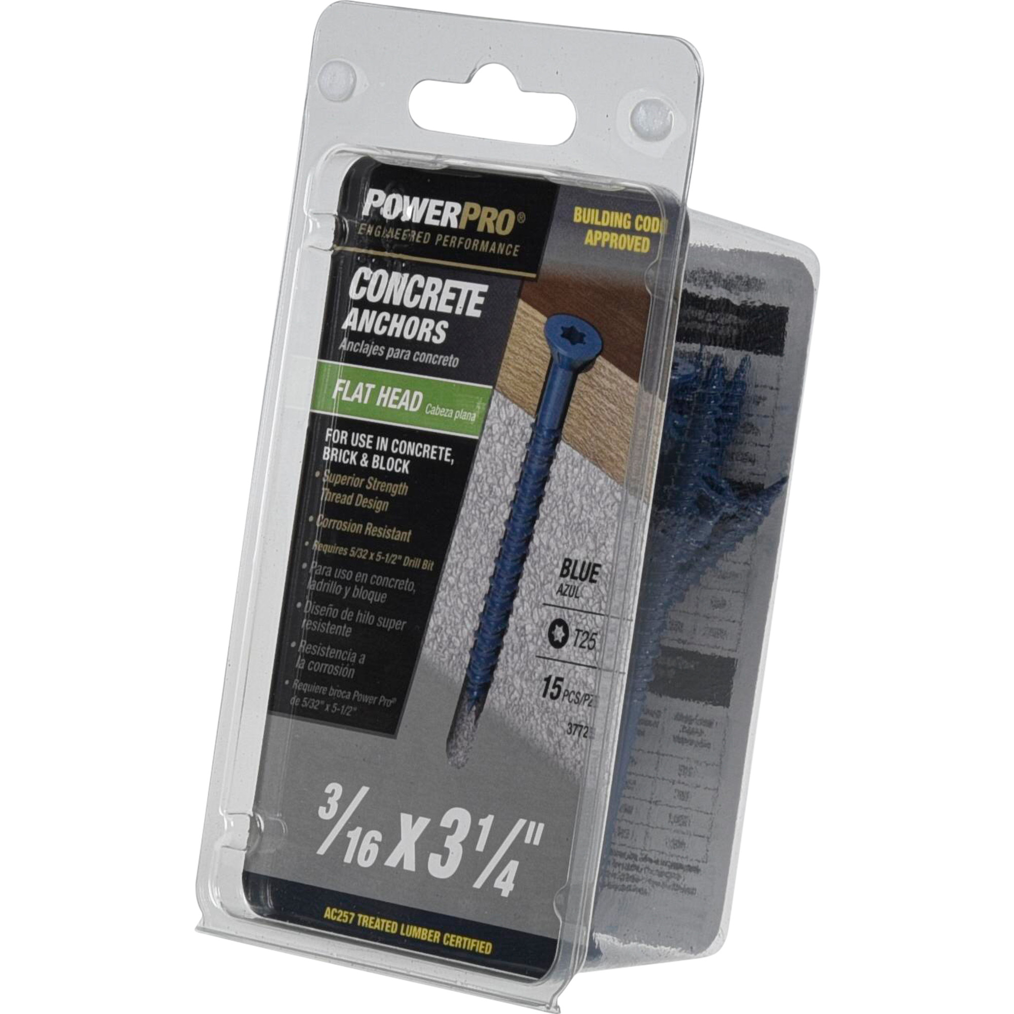 Power Pro Blue Flat-Head Concrete Screw Anchor (3/16 in. x 3-1/4 in.) - 15 pc