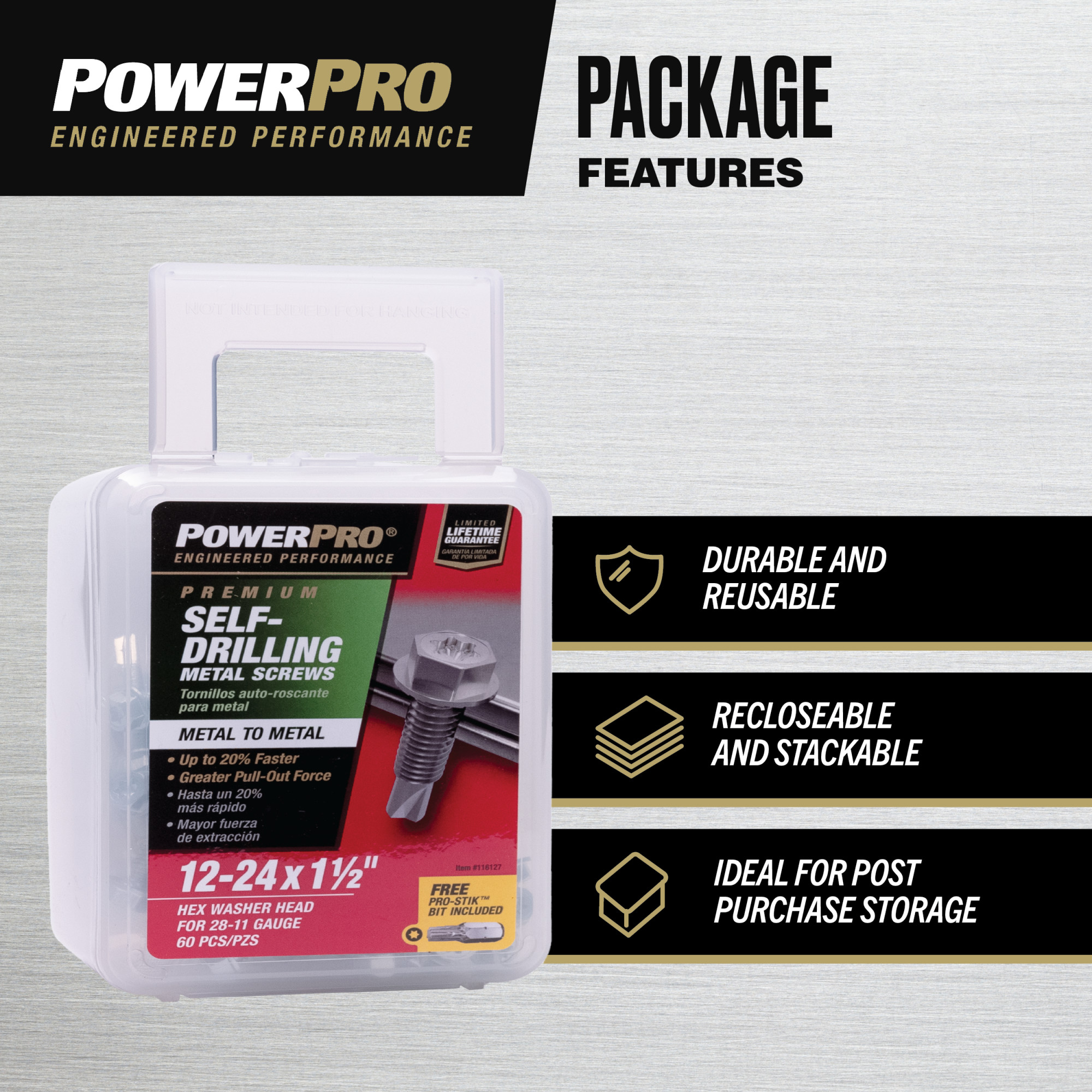 Power Pro Premium Hex Zinc Sheet Metal Self-Drilling Screws (#12-24x1-1/2 in.)-60pc