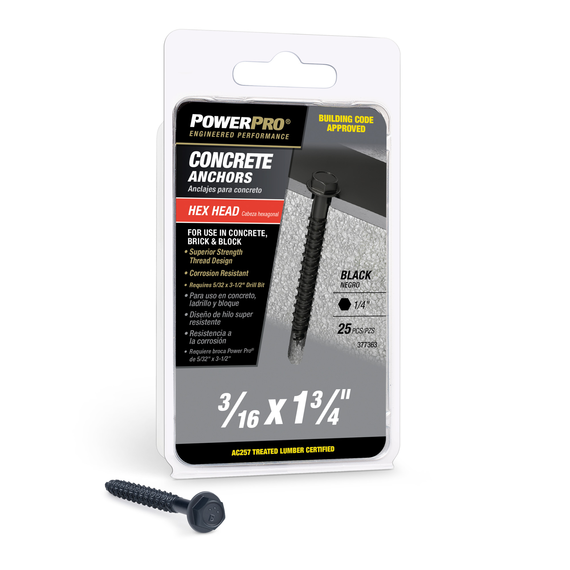 Power Pro Black Hex Washer-Head Concrete Screw Anchor (3/16 in. x 1-3/4 in.) - 25 pc