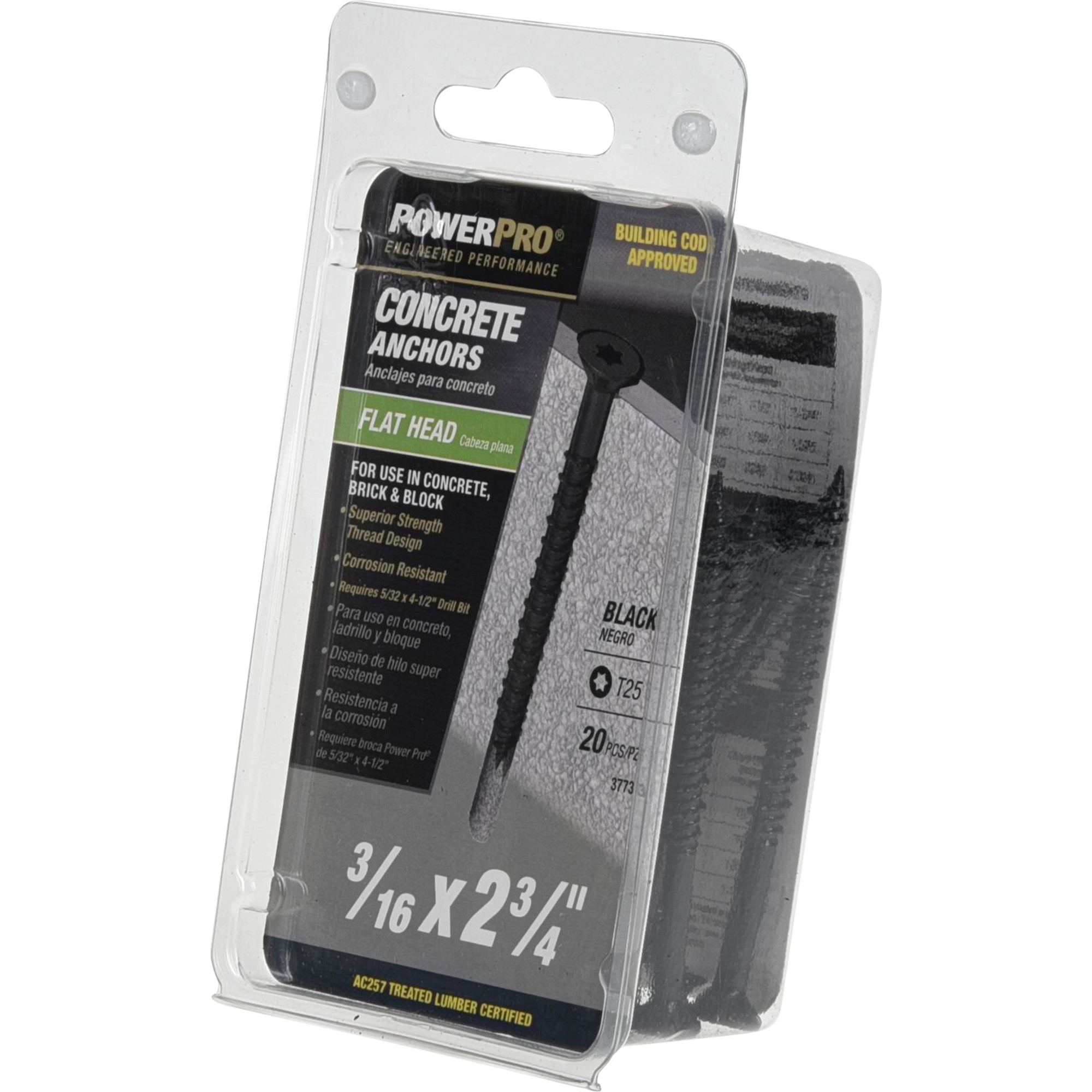Power Pro Black Flat-Head Concrete Screw Anchor (3/16 in. x 2-3/4 in.) - 20 pc