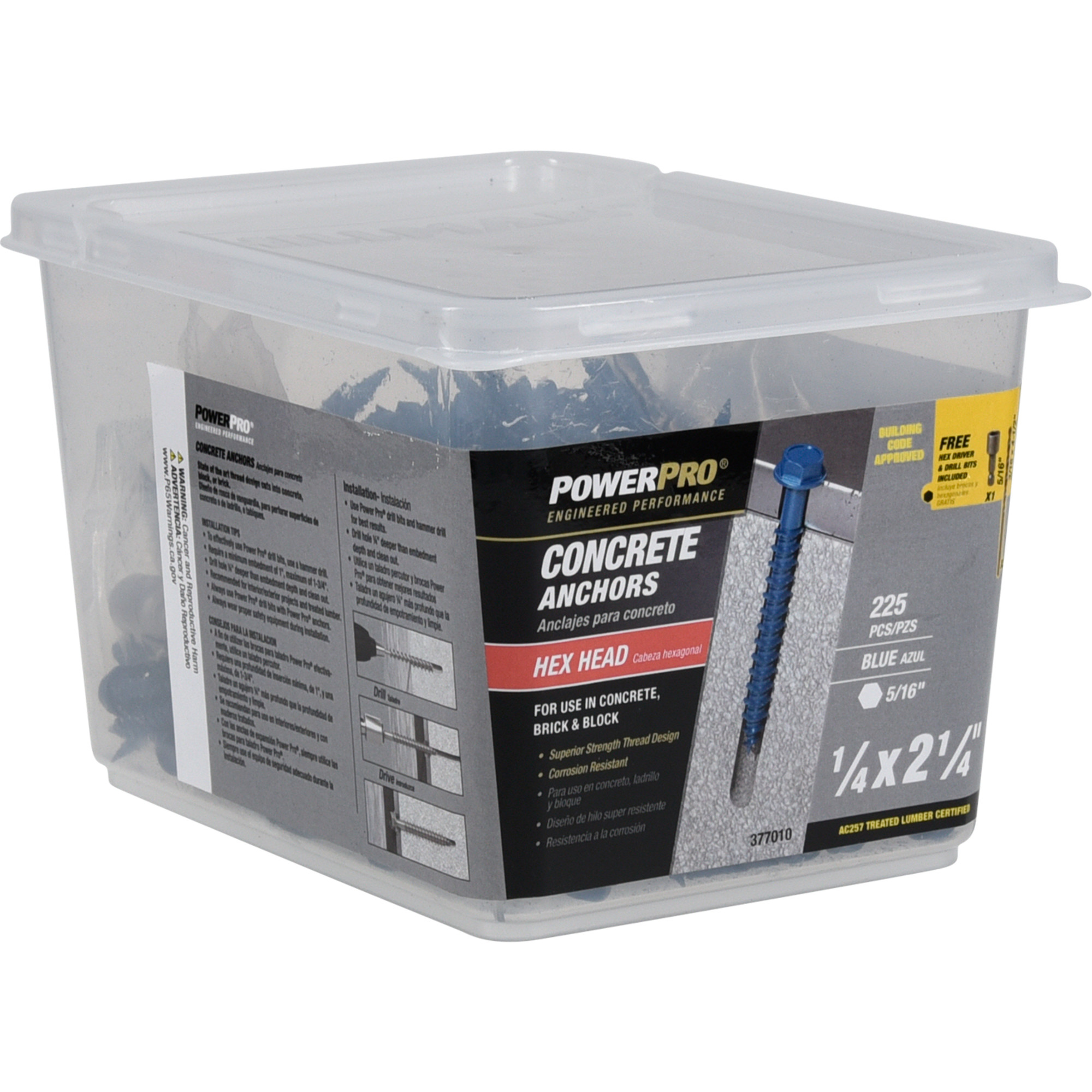 Power Pro Blue Hex Washer-Head Concrete Screw Anchor (1/4 in. x 2-1/4 in.) - 225 pc