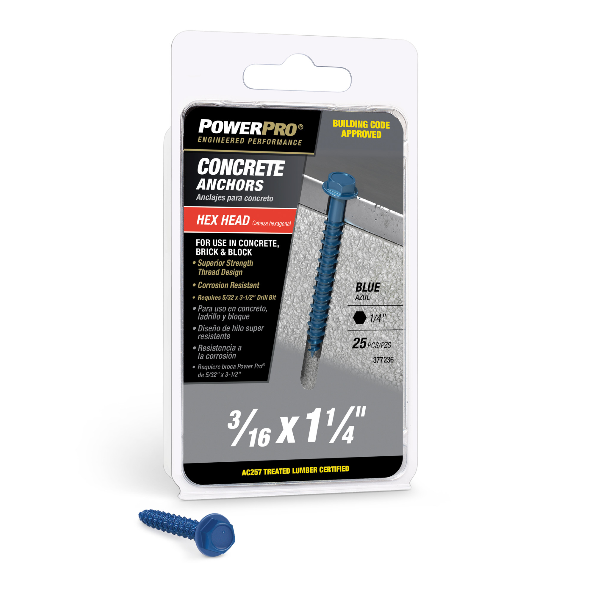 Power Pro Blue Hex Washer-Head Concrete Screw Anchor (3/16 in. x 1-1/4 in.) - 25 pc