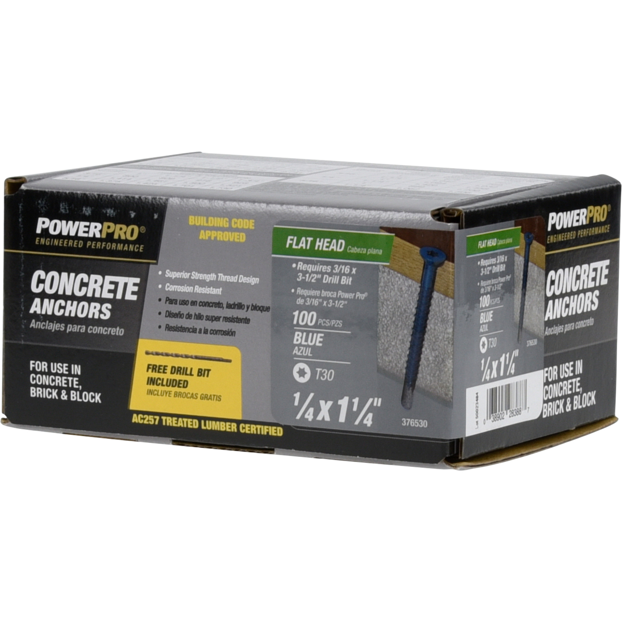 Power Pro Blue Flat-Head Concrete Screw Anchor (1/4 in. x 1-1/4 in.) - 100 pc