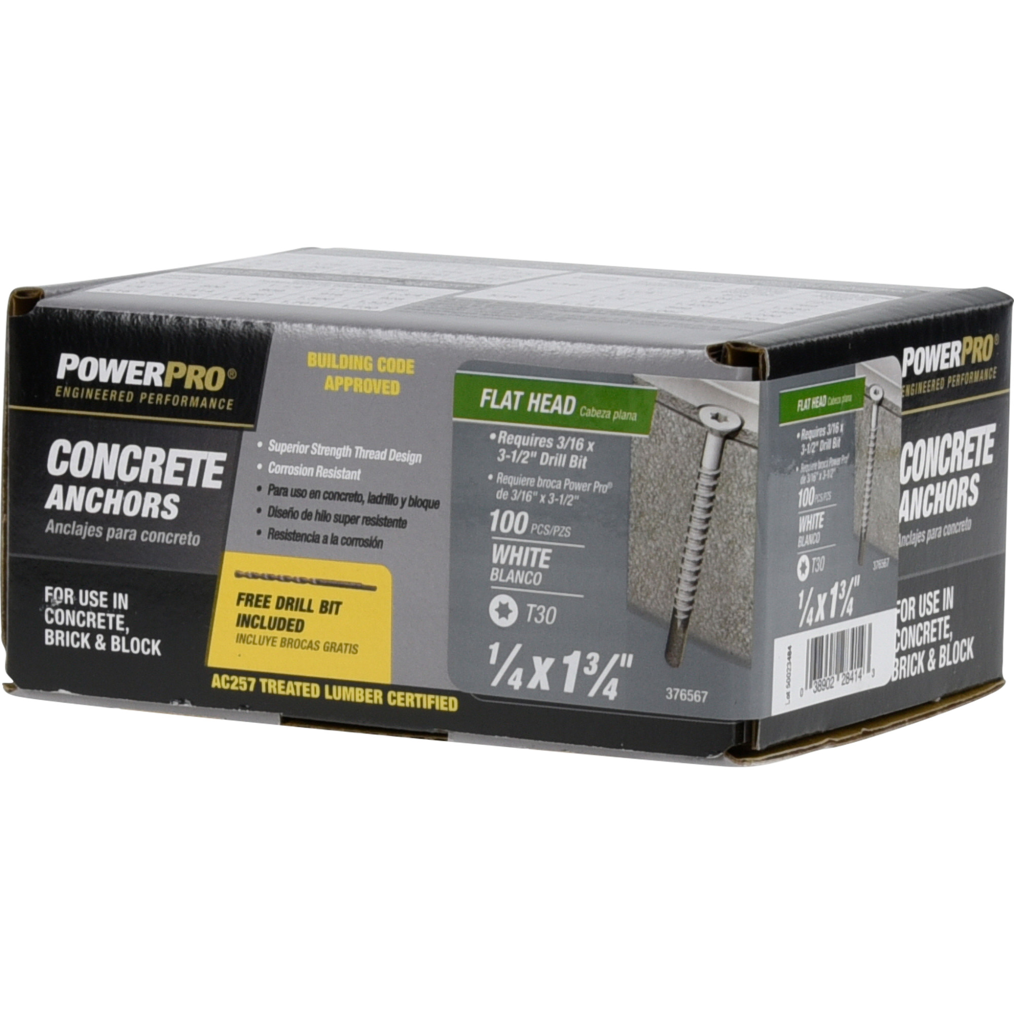 Power Pro White Flat-Head Concrete Screw Anchor (1/4 in. x 1-3/4 in.) - 100 pc