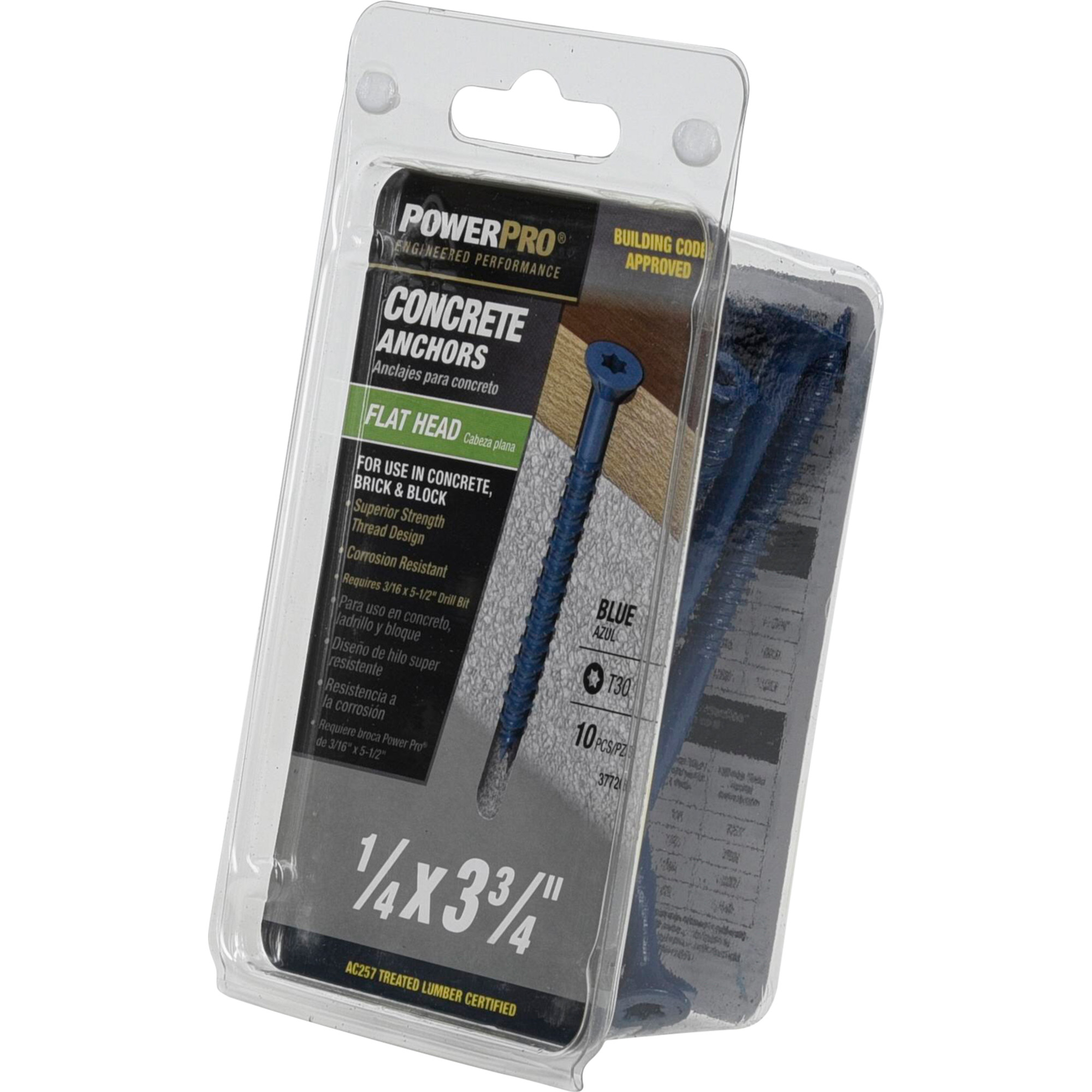 Power Pro Blue Flat-Head Concrete Screw Anchor (1/4 in. x 3-3/4 in.) - 10 pc