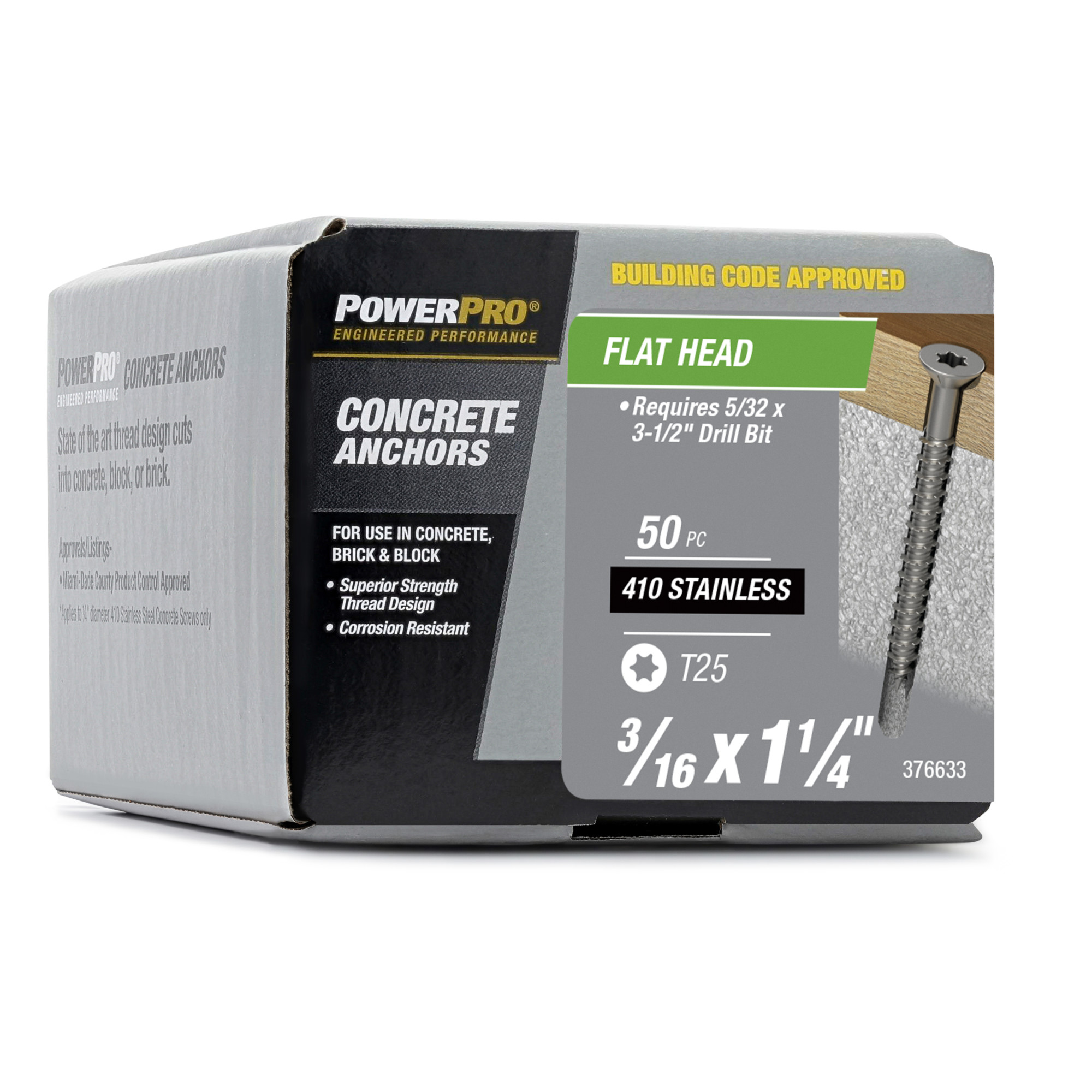 Power Pro 410 Stainless Flat Concrete Screw Anchor (3/16 in. x 1-1/4 in.) 100 pc