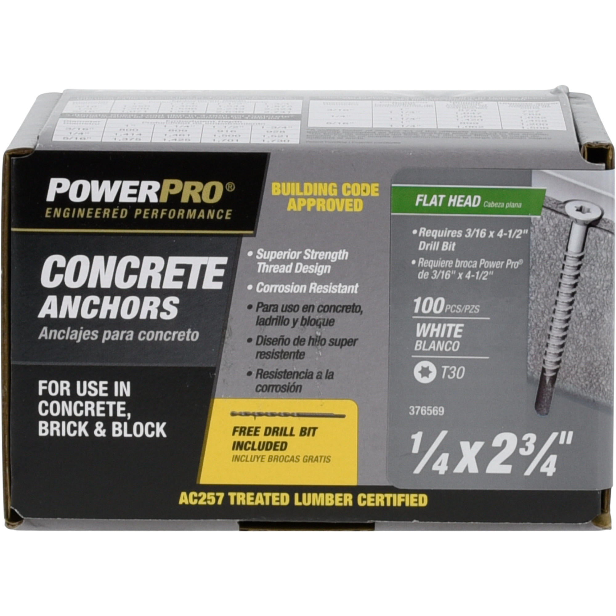 Power Pro White Flat-Head Concrete Screw Anchor (1/4 in. x 2-3/4 in.) - 100 pc