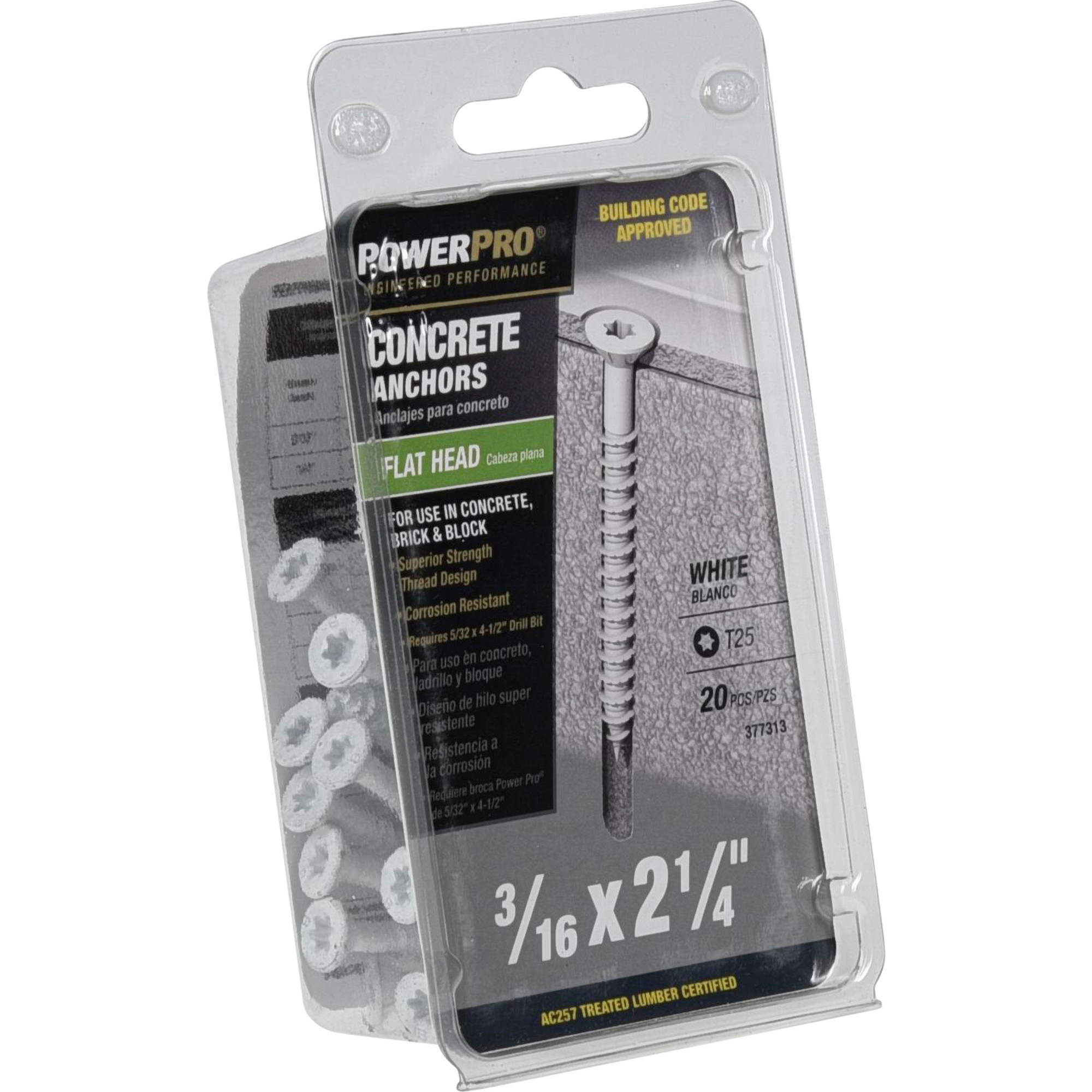 Power Pro White Flat-Head Concrete Screw Anchor (3/16 in. x 2-1/4 in.) - 20 pc