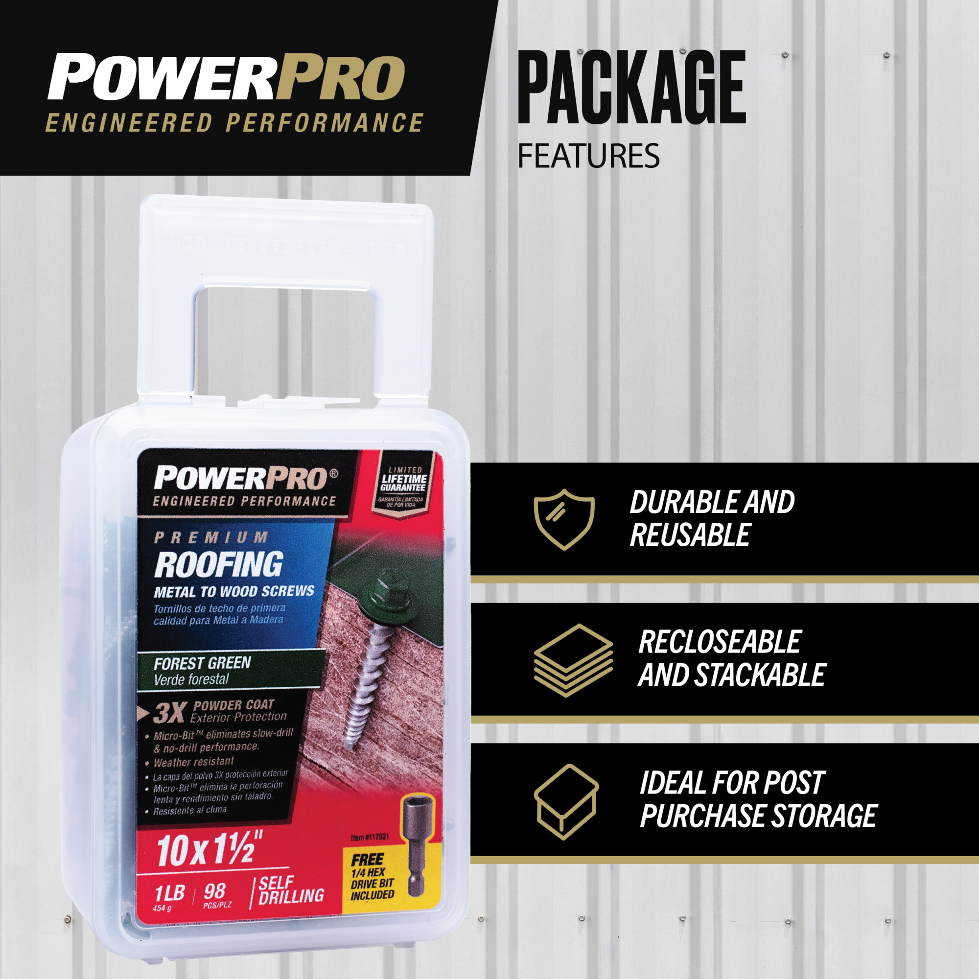 Power Pro Green Self Drilling Metal-to-Wood Roofing Screws (#10 x 1-1/2 in.)-98 pc