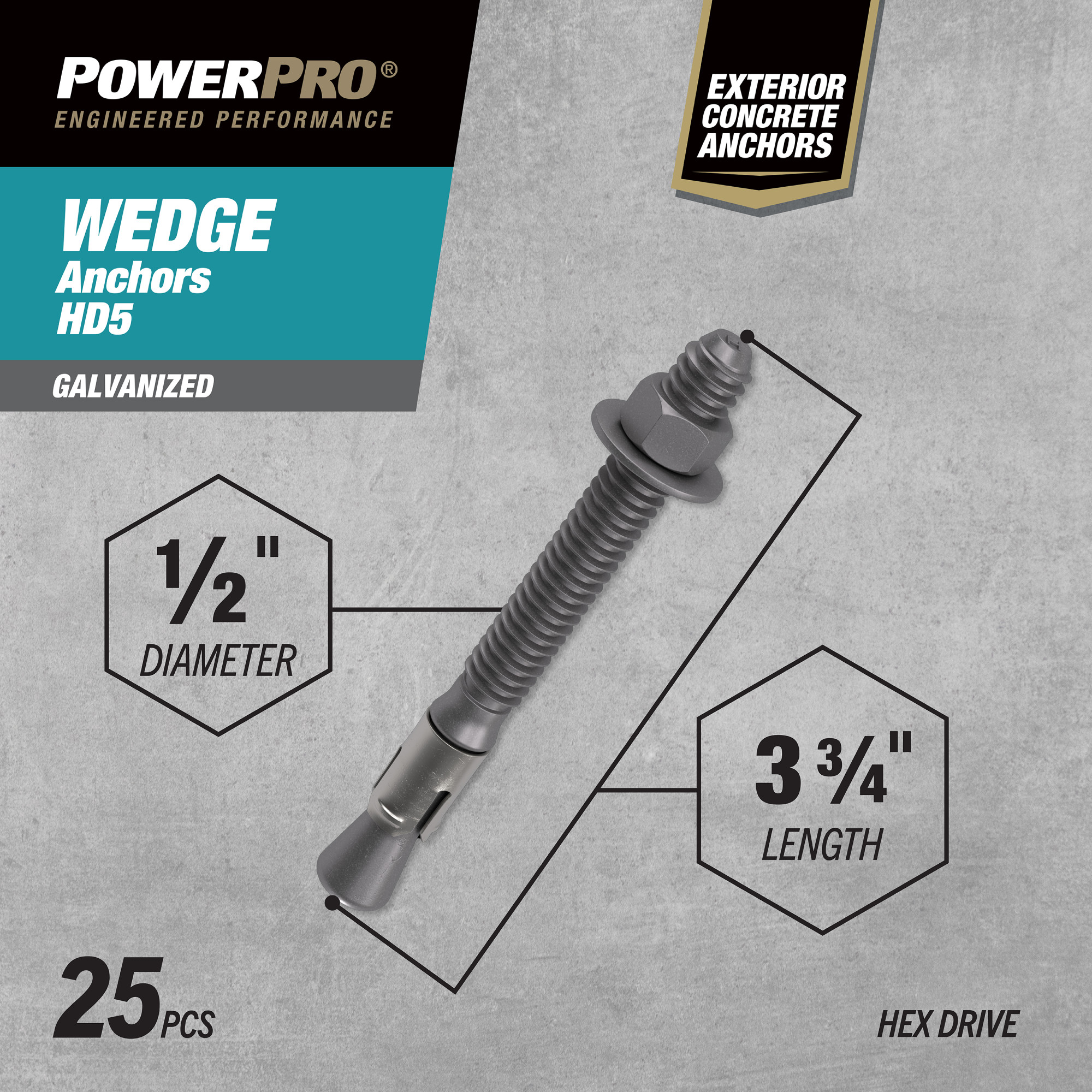 Power Pro HD5 Hot Dipped Galvanized Wedge Anchors (1/2 in. x 3-3/4 in.) - 25 pc
