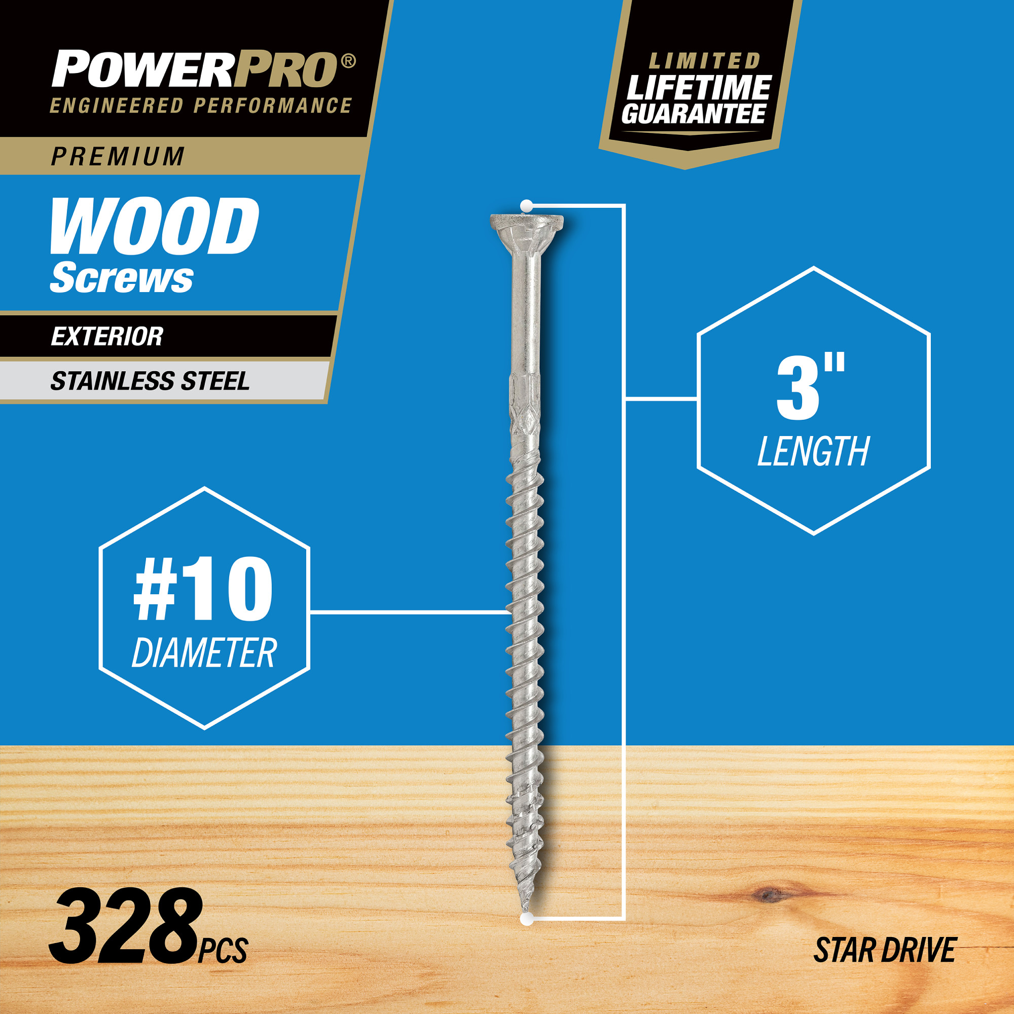 Power Pro Premium 305 Stainless Steel Wood Screws (#10 x 3 in.) - 328 pc