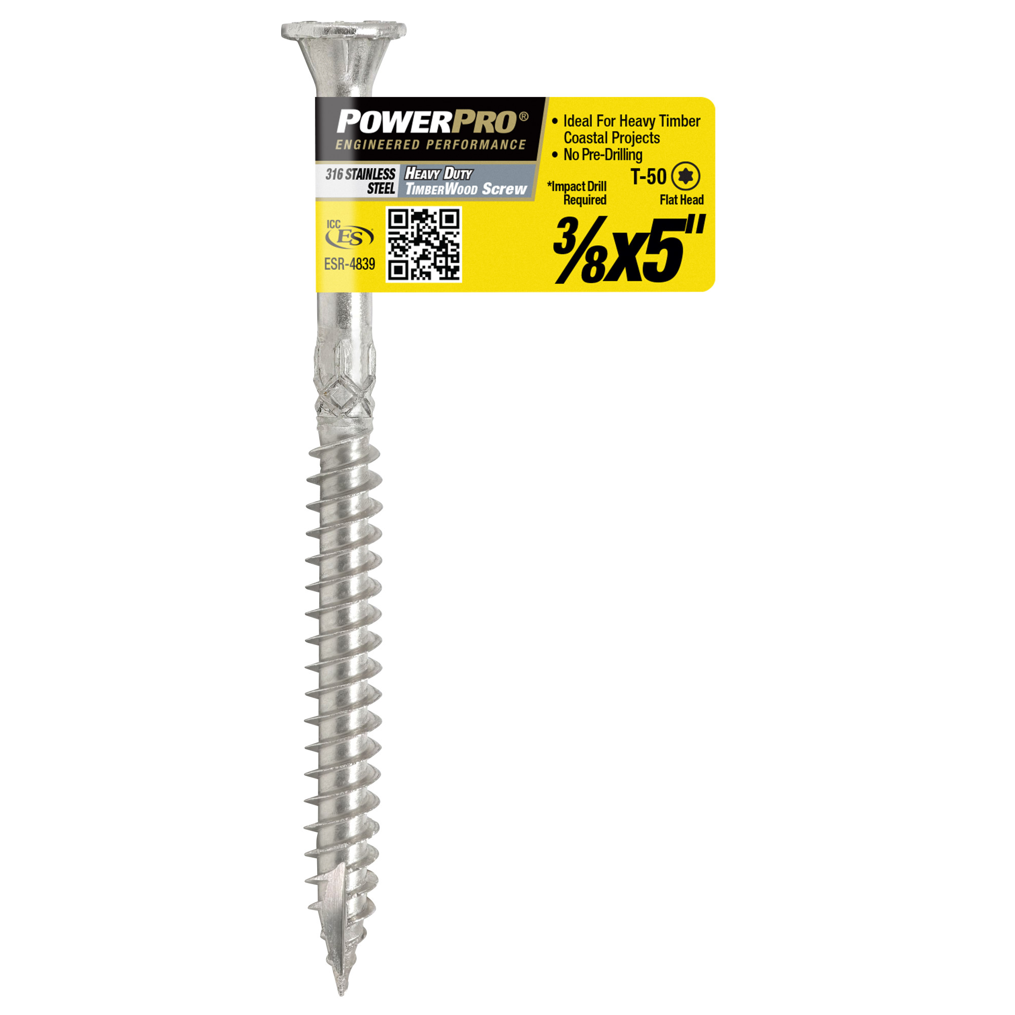 Power Pro 316SS Heavy Duty TimberWood Structural Screws (3/8 in. x 5 in.) - 1pc