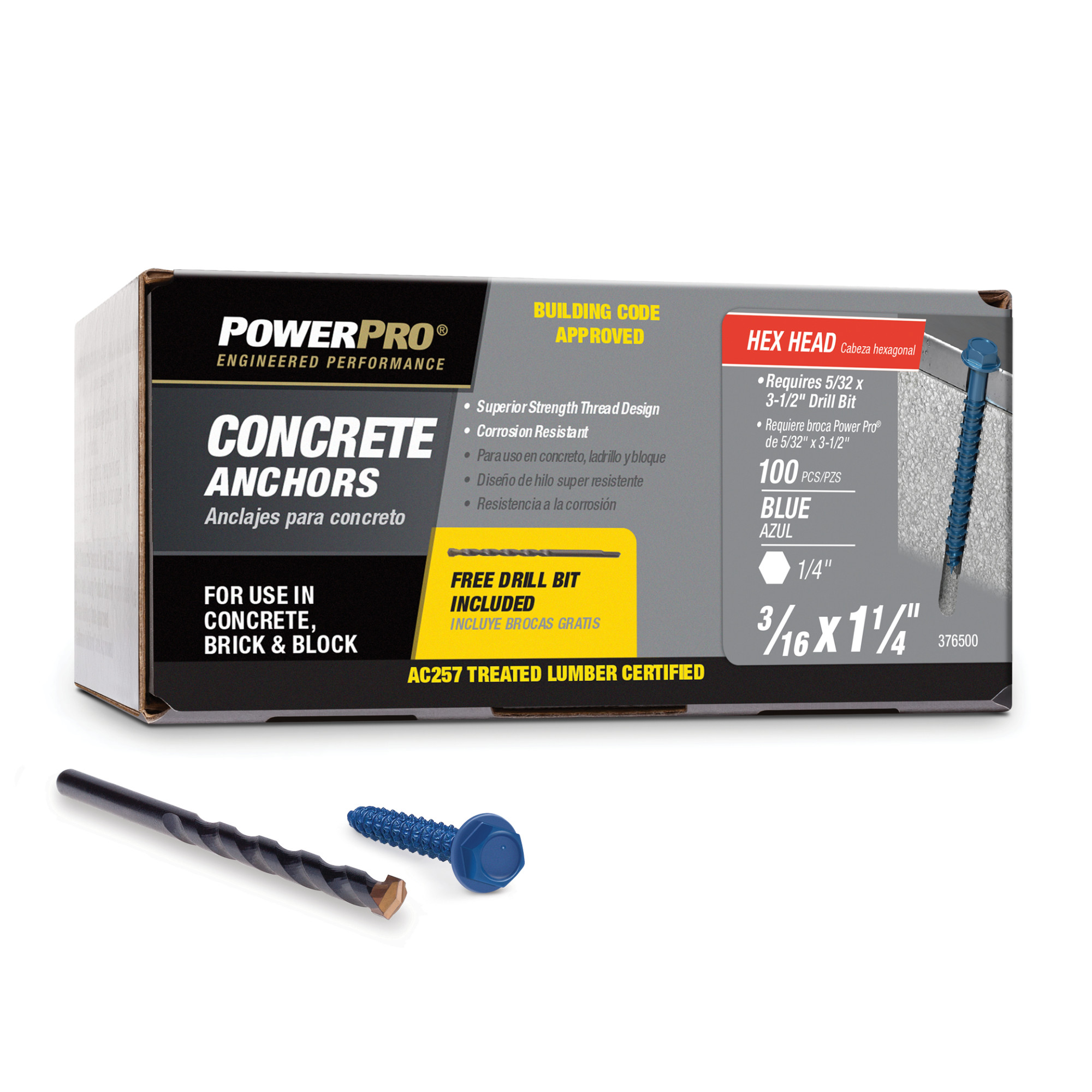 Power Pro Blue Hex Washer-Head Concrete Screw Anchor (3/16 in. x 1-1/4 in.) - 100 pc