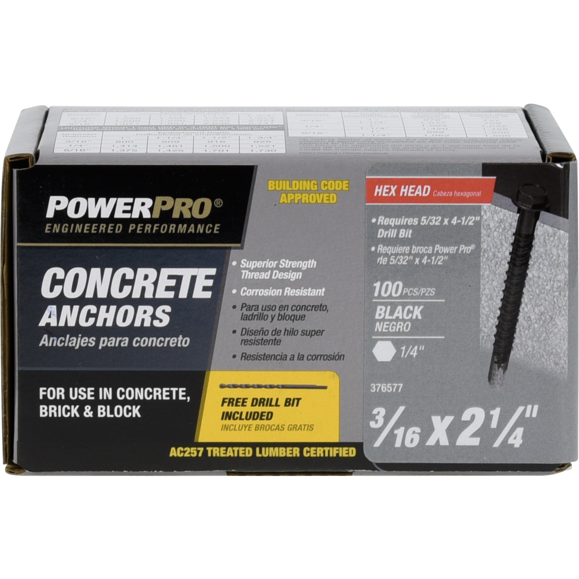 Power Pro Black Hex Washer-Head Concrete Screw Anchor (3/16 in. x 2-1/4 in.) - 100 pc