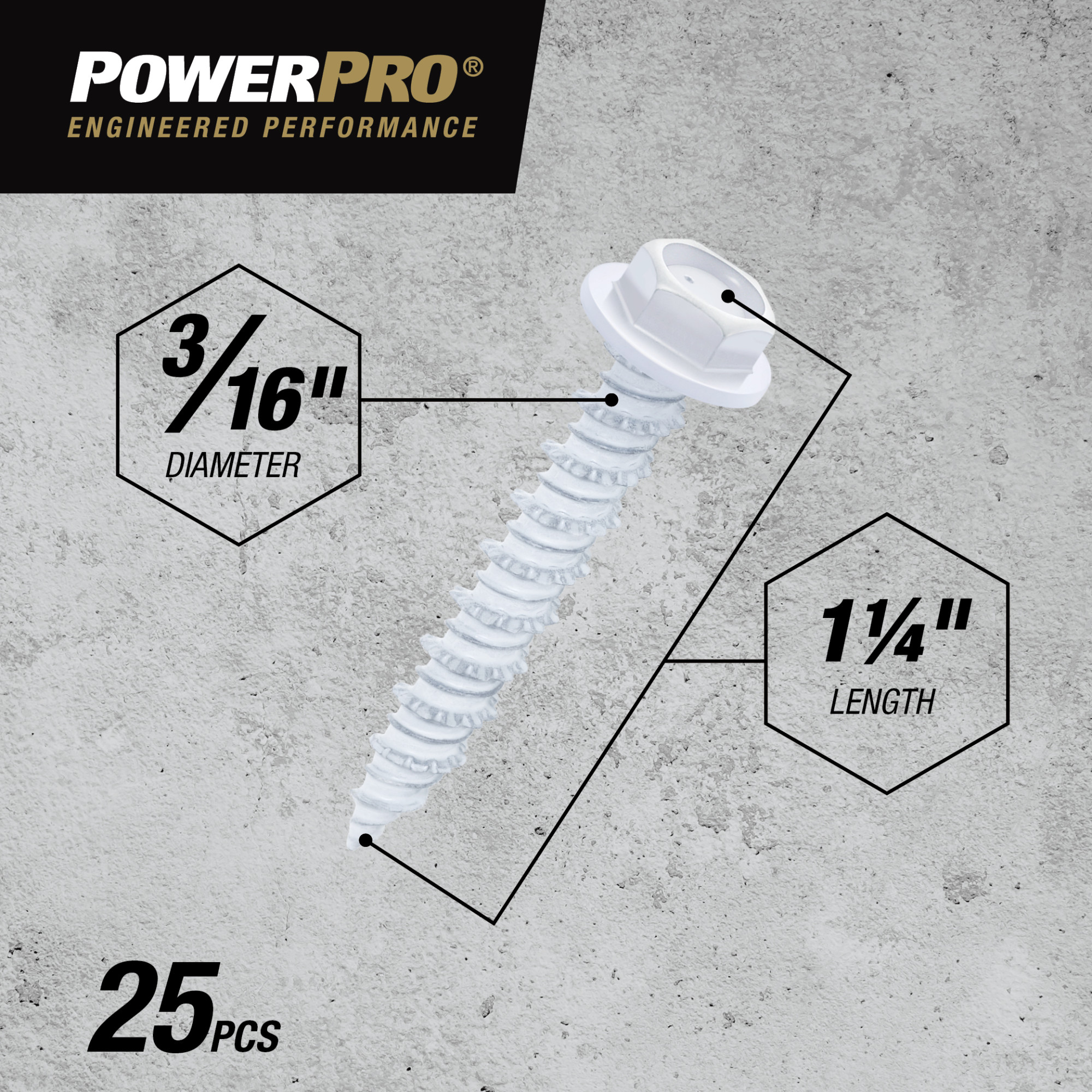 Power Pro White Hex Washer-Head Concrete Screw Anchor (3/16 in. x 1-1/4 in.) - 25 pc