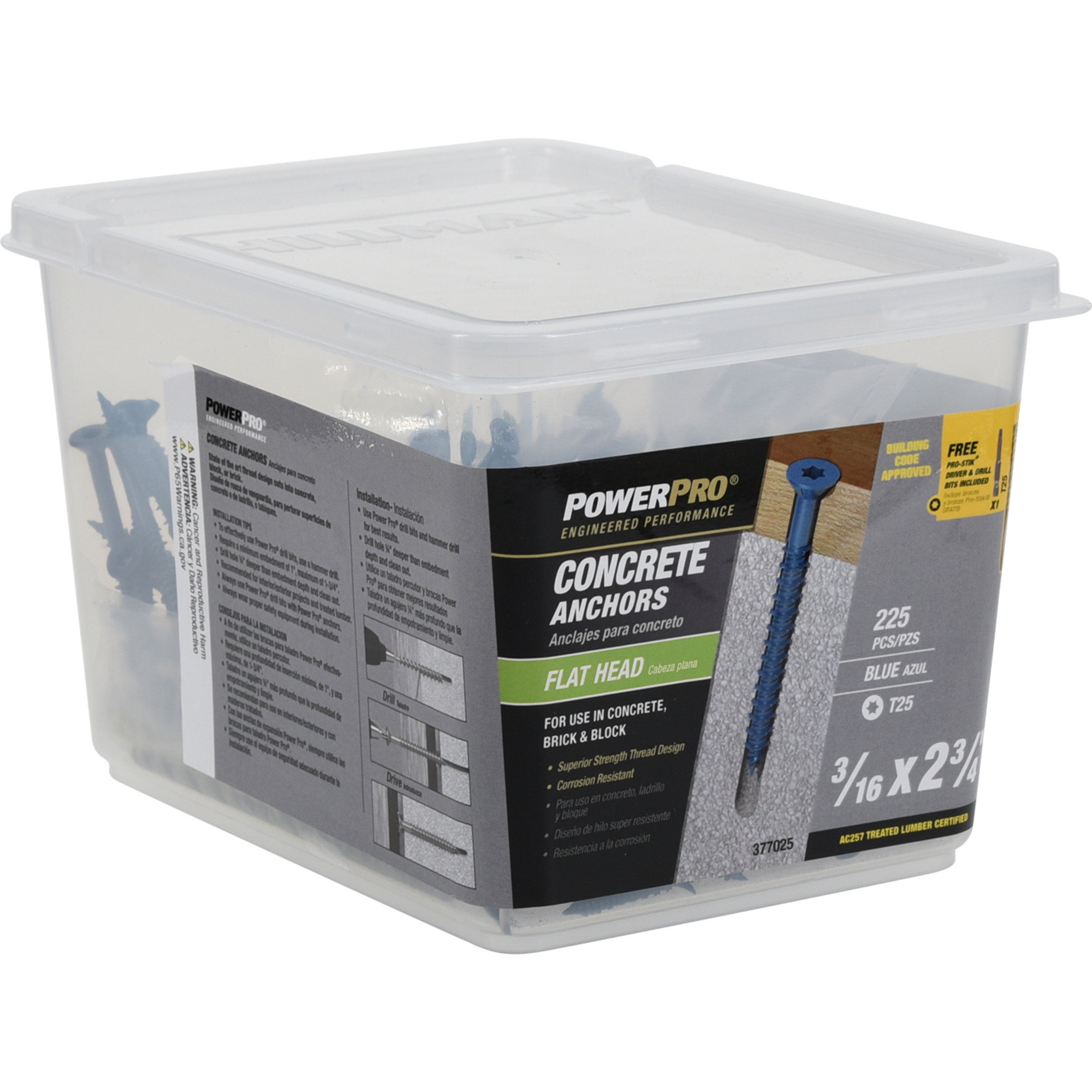 Power Pro Blue Flat-Head Concrete Screw Anchor (3/16 in. x 2-3/4 in.) - 225 pc