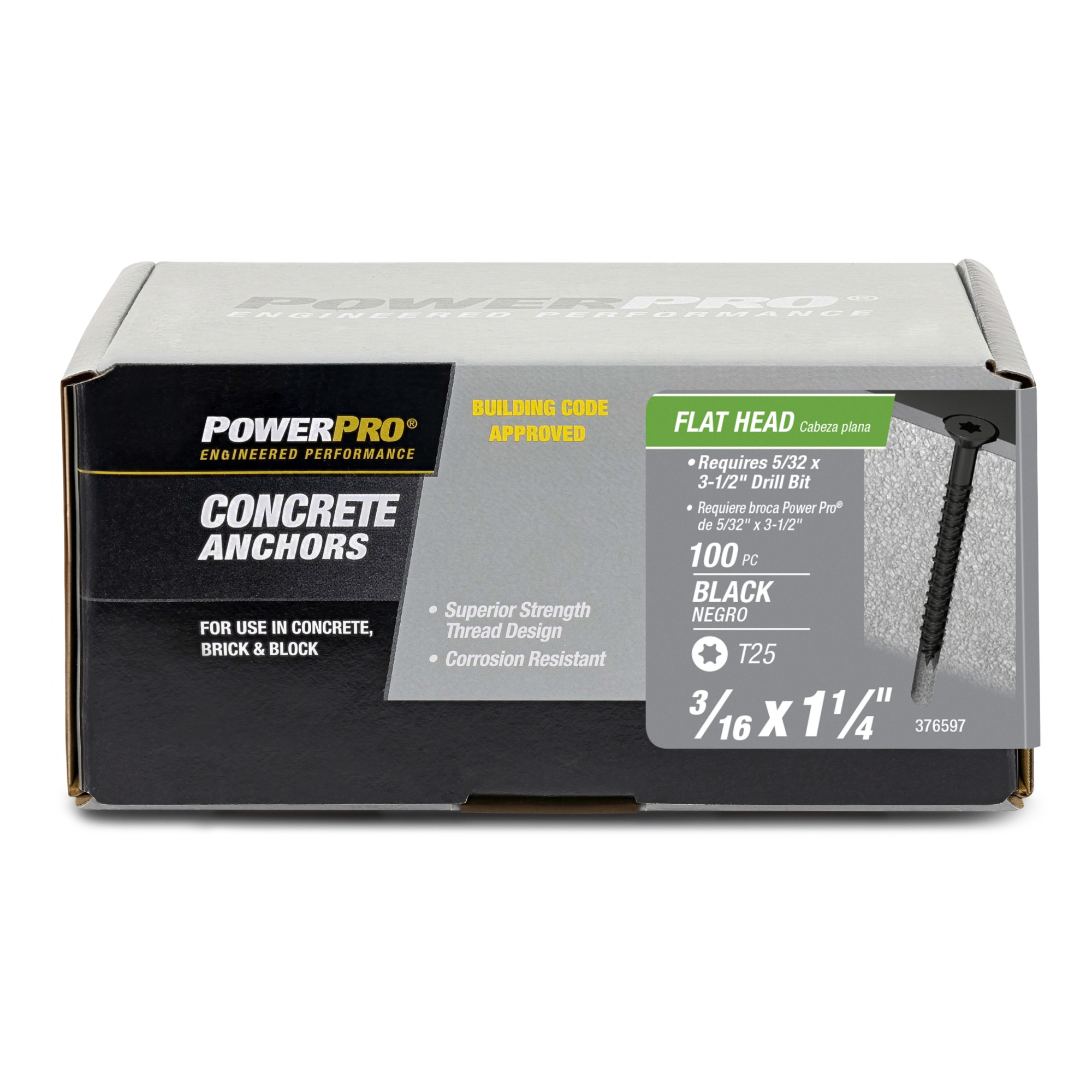 Power Pro Black Flat-Head Concrete Screw Anchor (3/16 in. x 1-1/4 in.) - 100 pc