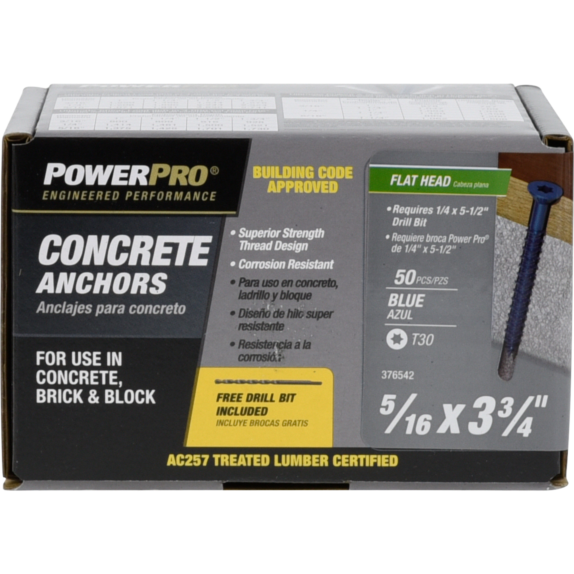 Power Pro Blue Flat-Head Concrete Screw Anchor (5/16 in. x 3-3/4 in.) - 50 pc