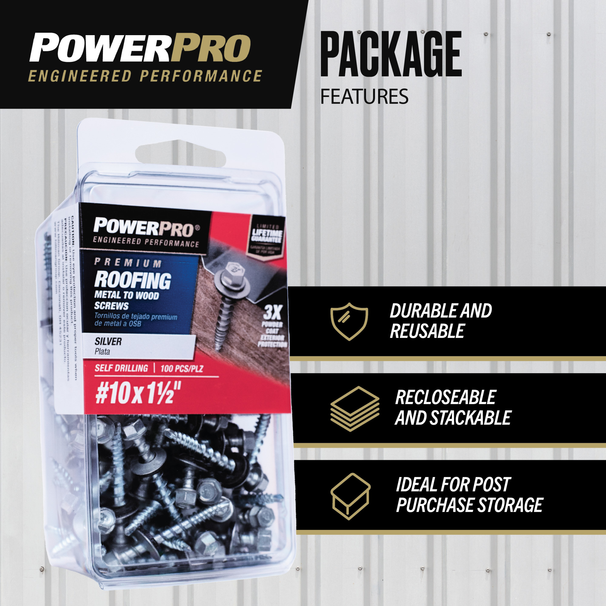 Power Pro Silver Self Drilling Metal-to-Wood Roofing Screws (#10 x 1-1/2 in.)-100pc