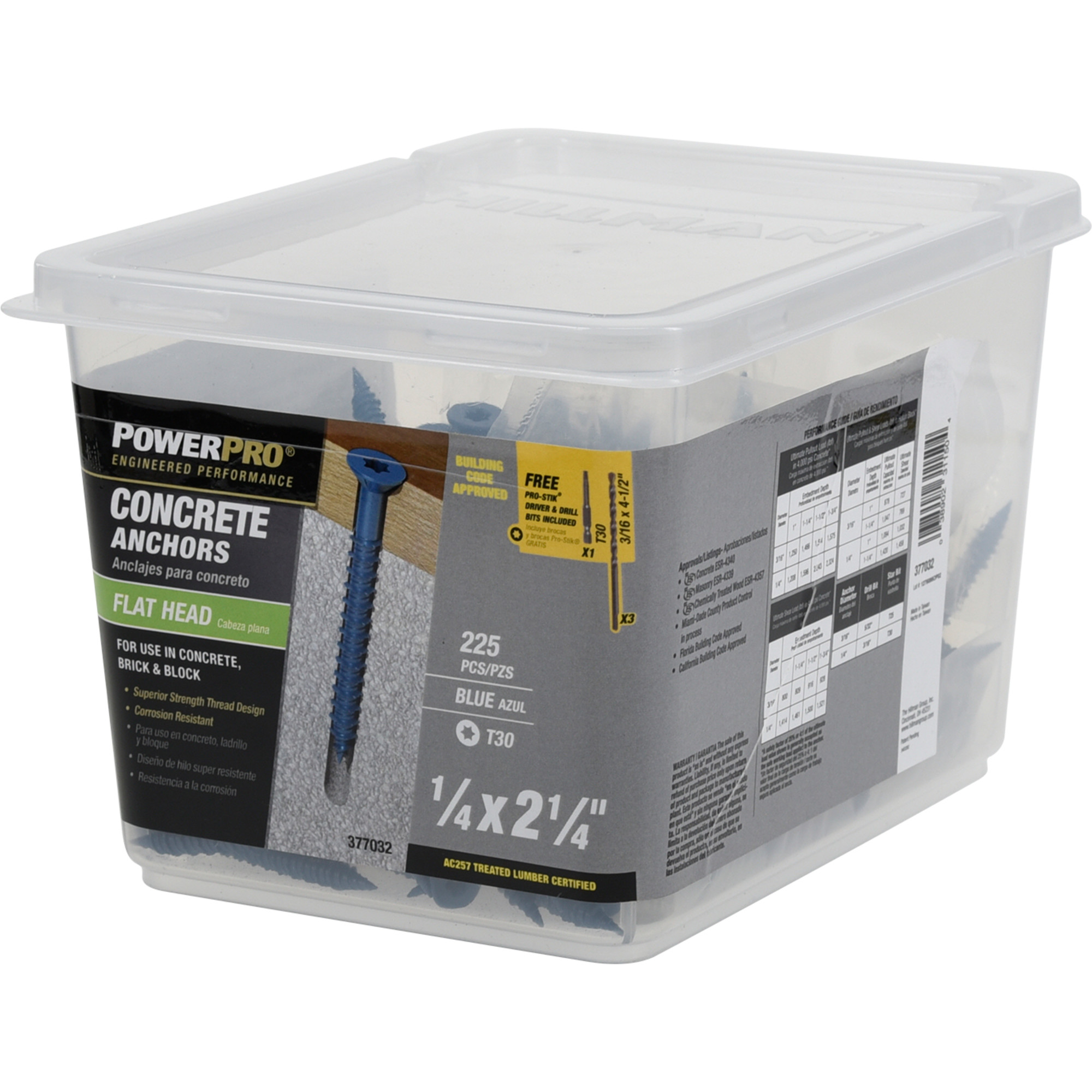 Power Pro Blue Flat-Head Concrete Screw Anchor (1/4 in. x 2-1/4 in.) - 225 pc