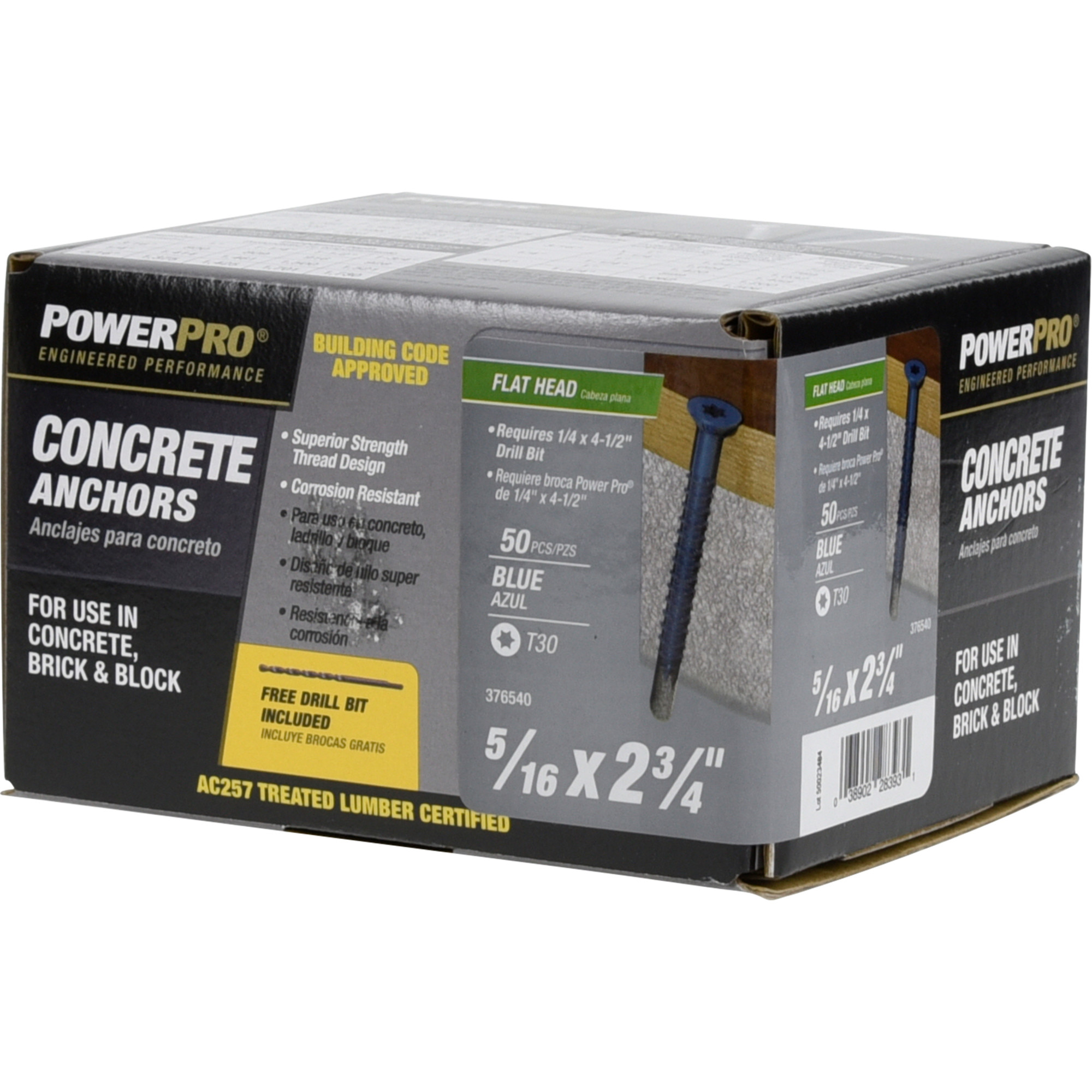 Power Pro Blue Flat-Head Concrete Screw Anchor (5/16 in. x 2-3/4 in.) - 50 pc