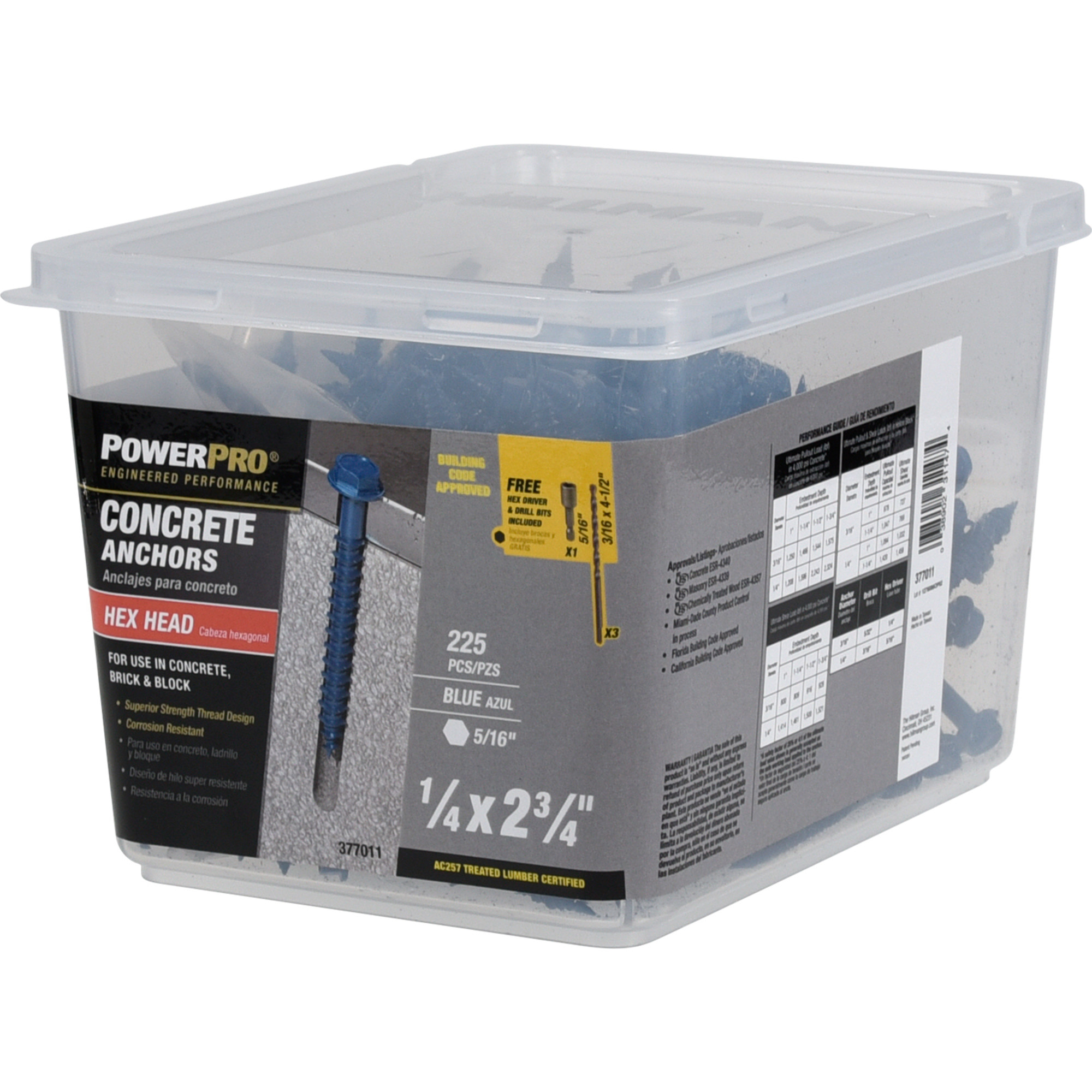 Power Pro Blue Hex Washer-Head Concrete Screw Anchor (1/4 in. x 2-3/4 in.) - 225 pc