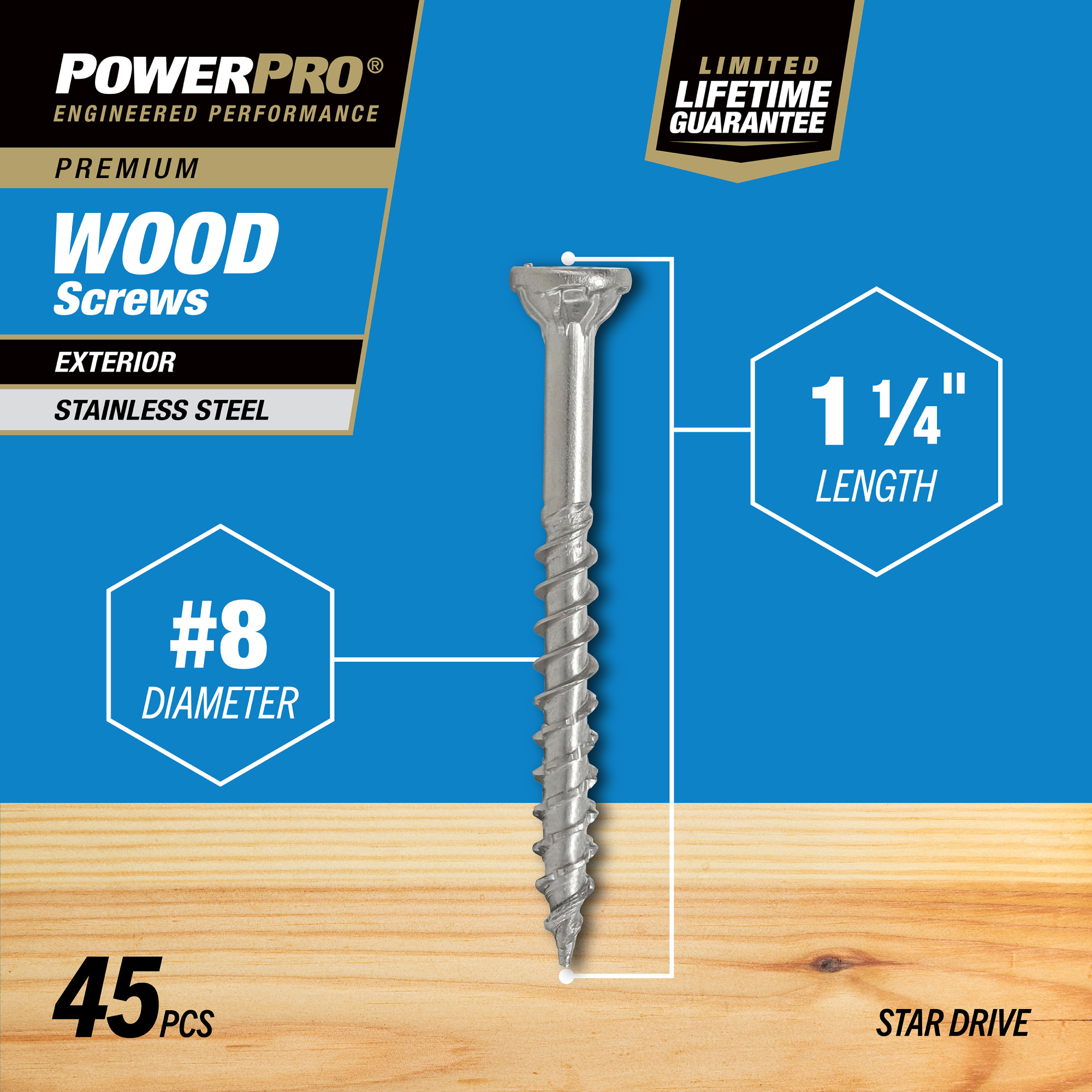 Power Pro Premium 305 Stainless Steel Wood Screws (#8 x 1-1/4 in.) - 45 pc