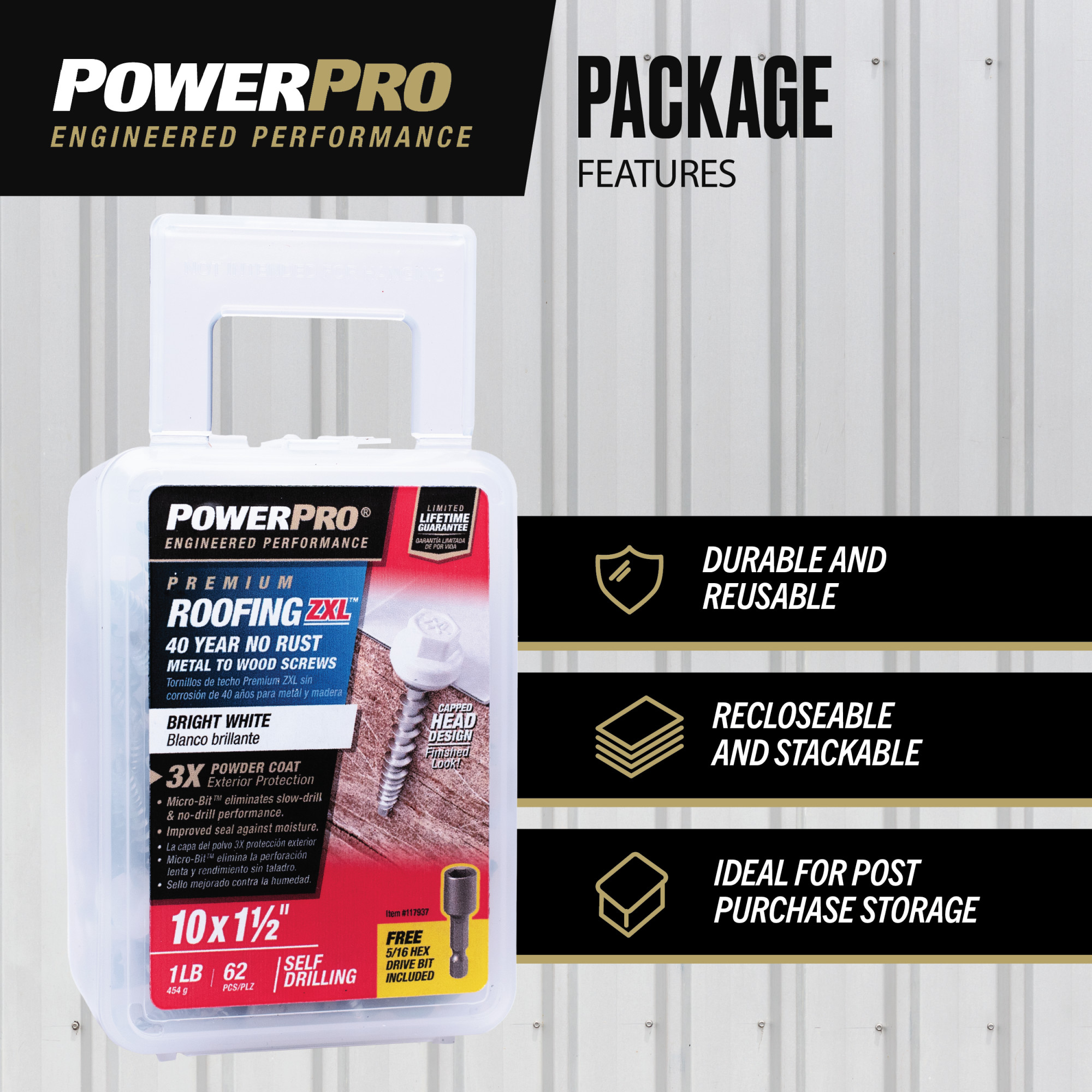 Power Pro White Self Drilling Metal-to-Wood Roofing Screws (#10 x 1-1/2 in.)-62 pc