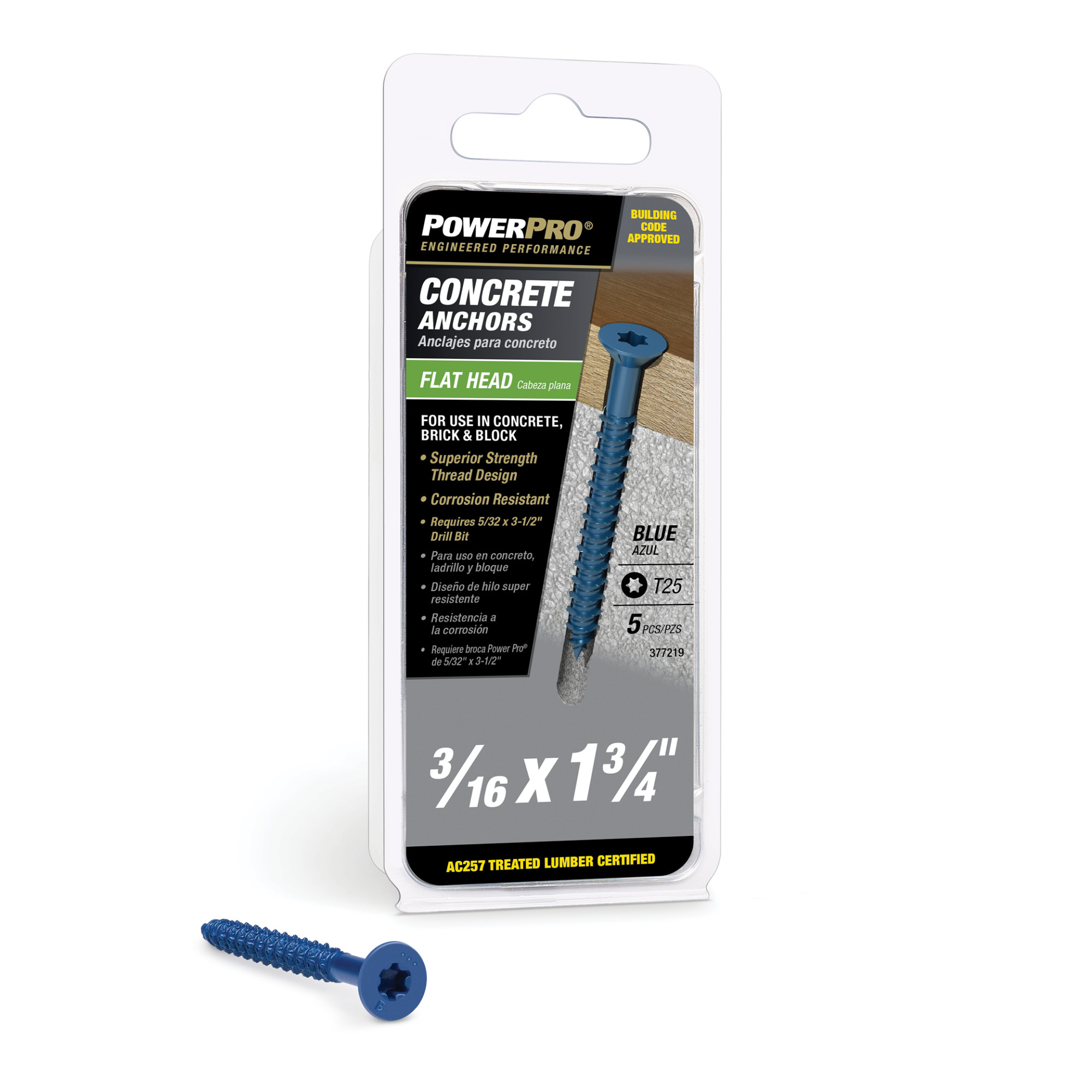 Power Pro Blue Flat-Head Concrete Screw Anchor (3/16 in. x 1-3/4 in.) - 5 pc