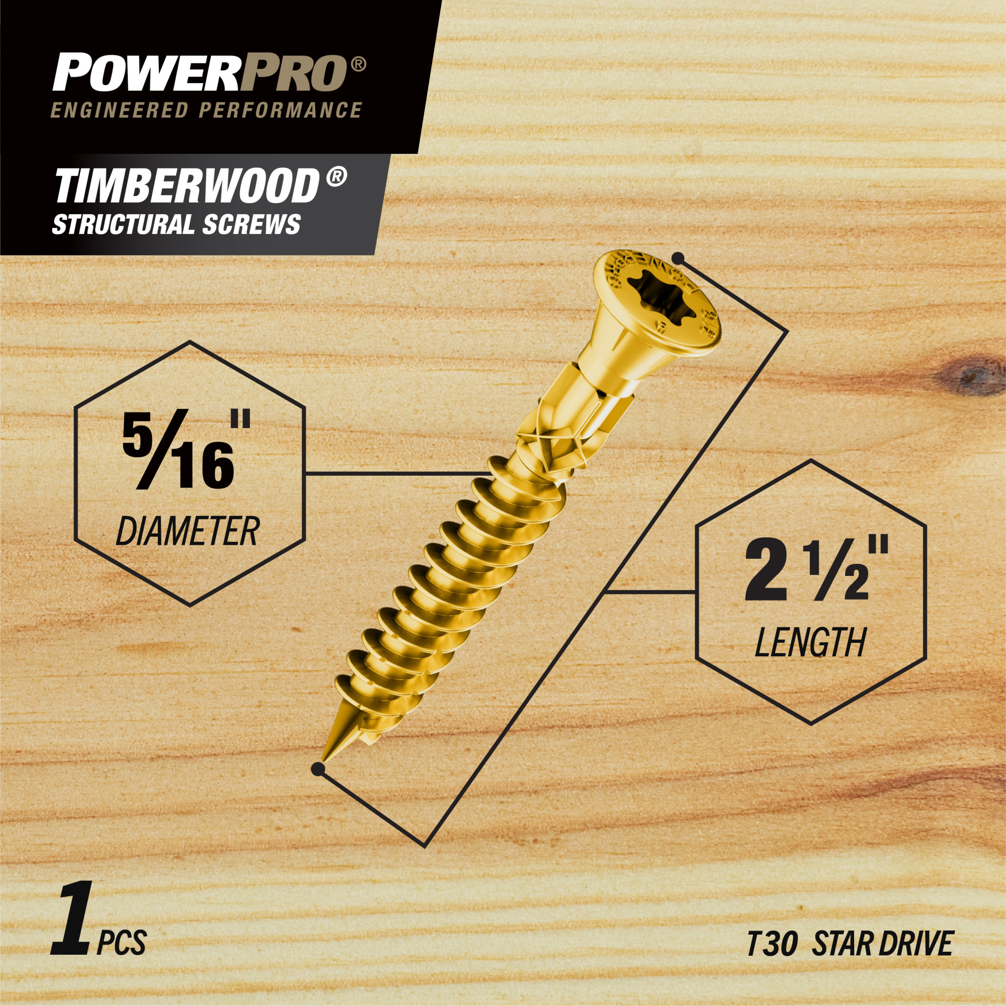 Power Pro TimberWood Bronze Structural Screws (5/16 in. x 2-1/2 in.) - 1pc