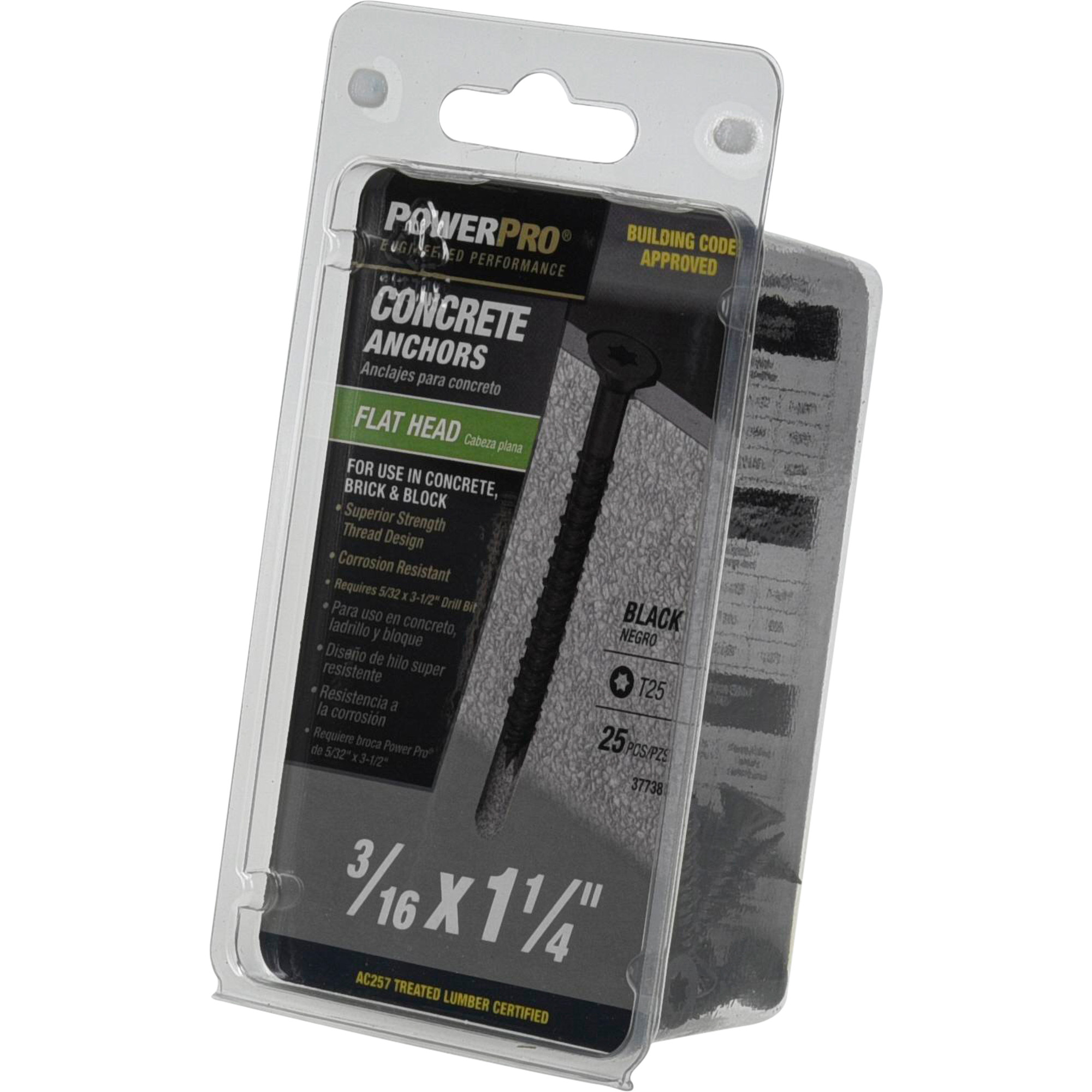 Power Pro Black Flat-Head Concrete Screw Anchor (3/16 in. x 1-1/4 in.) - 25 pc