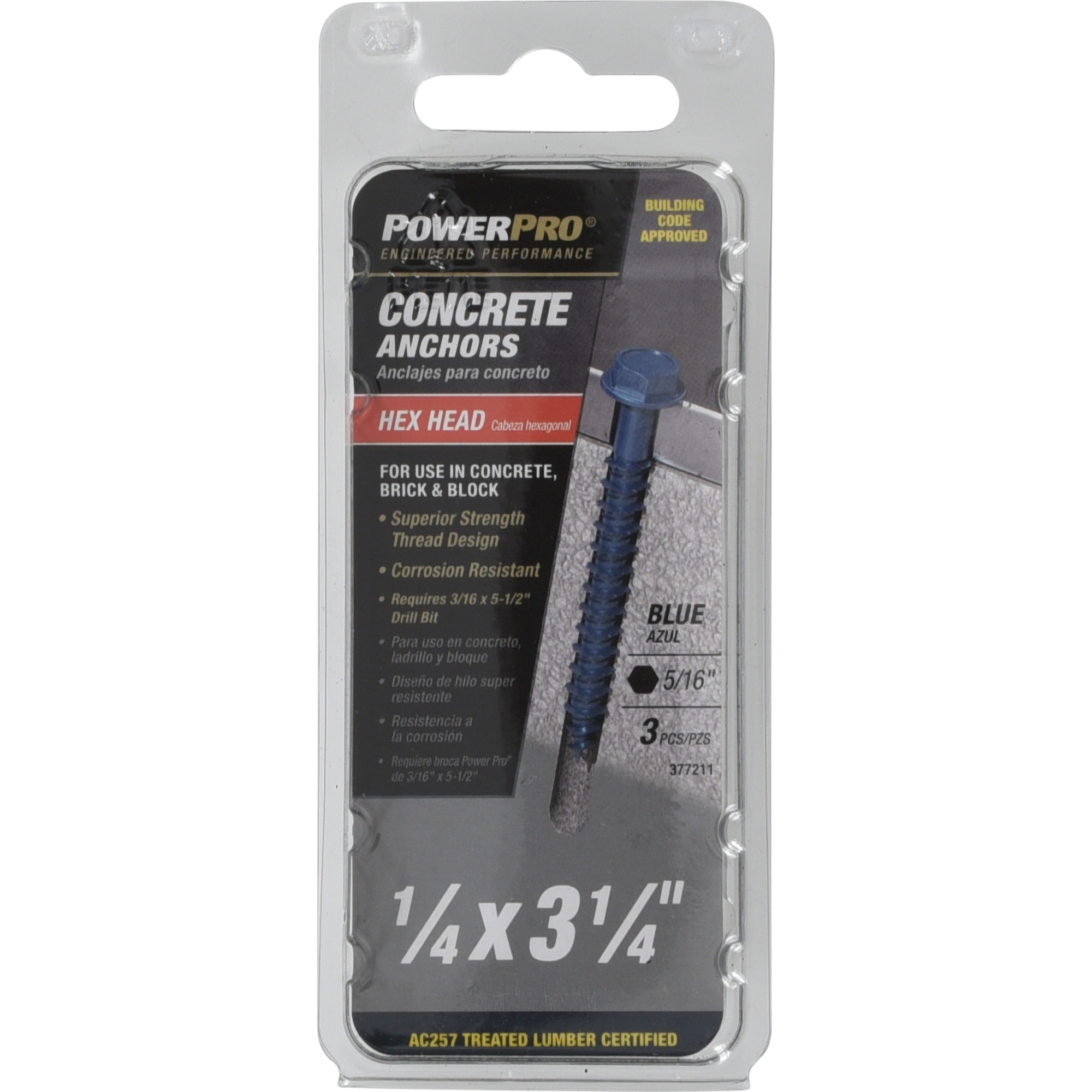 Power Pro Blue Hex Washer-Head Concrete Screw Anchor (1/4 in. x 3-1/4 in.) - 3 pc