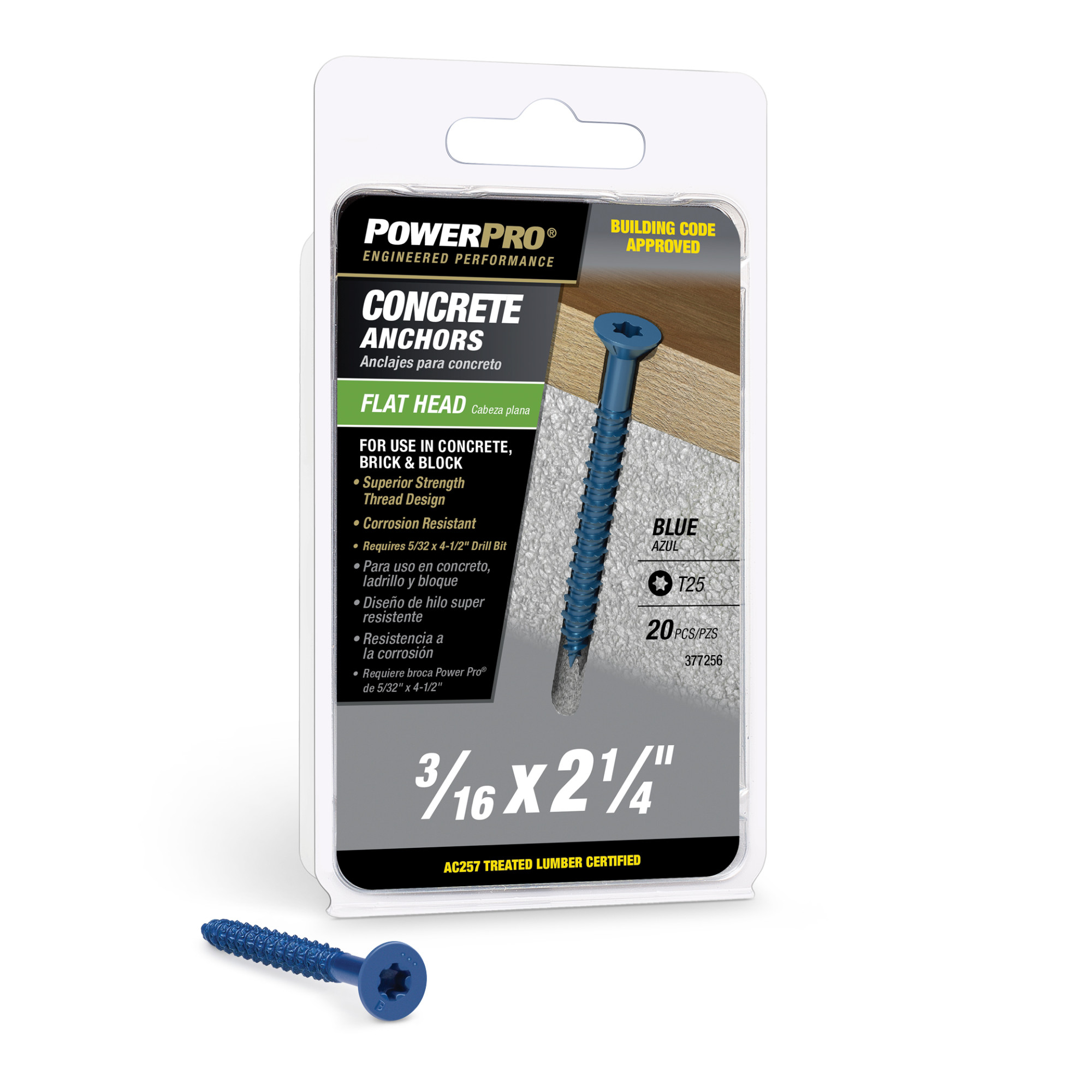 Power Pro Blue Flat-Head Concrete Screw Anchor (3/16 in. x 2-1/4 in.) - 20 pc